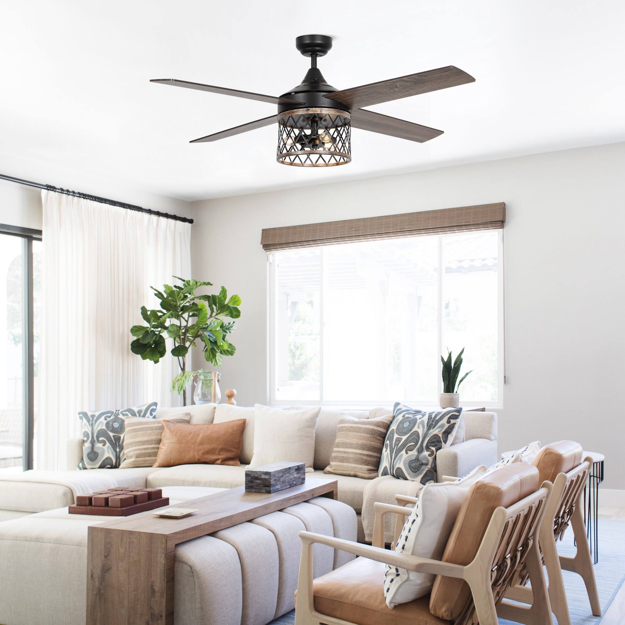Alt View 1. Parrot Uncle - 52" Farmhouse 4-Blade Caged Ceiling Fan with Remote Control - Black.