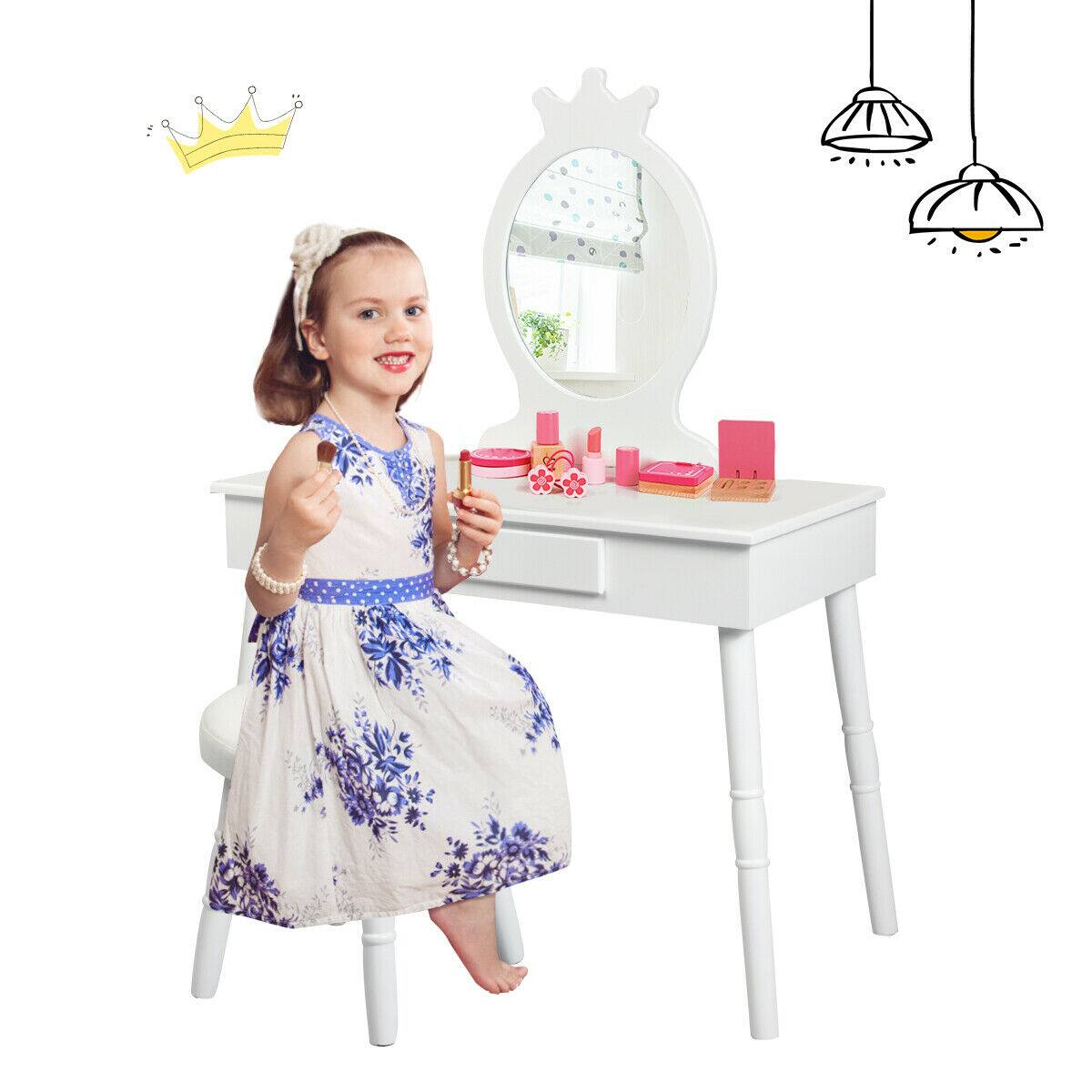 Alt View 5. Costway - Costway Kids Vanity Makeup Table & Chair Set Make Up Stool Play Set for Children - White.