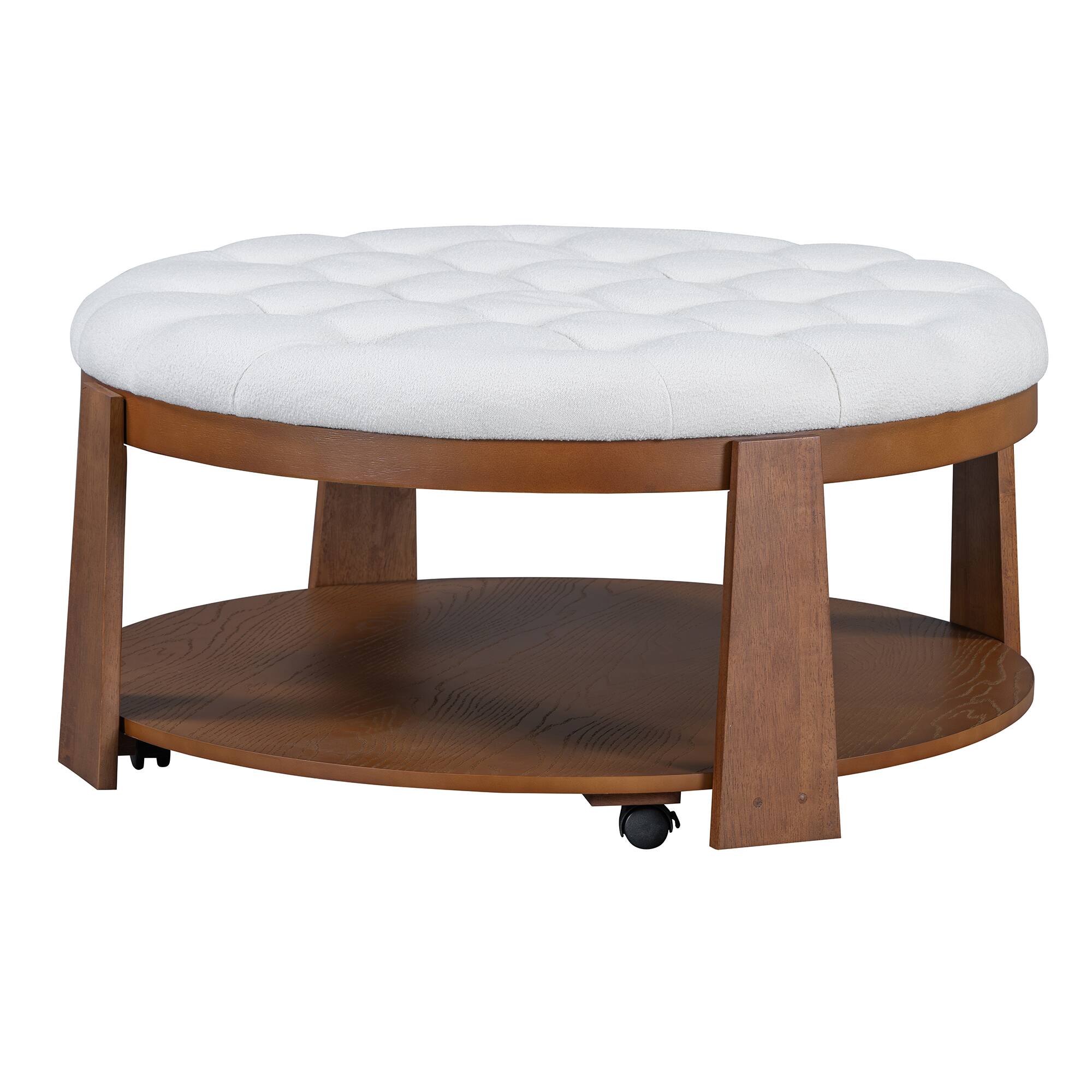Alt View 5. Bestier - Modern Large Round Ottoman Coffee Table 2 Tier Button Tufted Ottoman with Wood Shelf and Storage for Living Room - White.