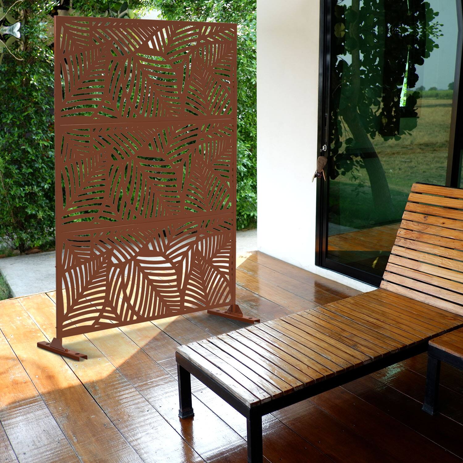 Alt View 2. PexFix - 72 in. x 47 in. Leaf Pattern Metal Outdoor Privacy Screen & Panels, Freestanding Garden Divider Fence - Brown.