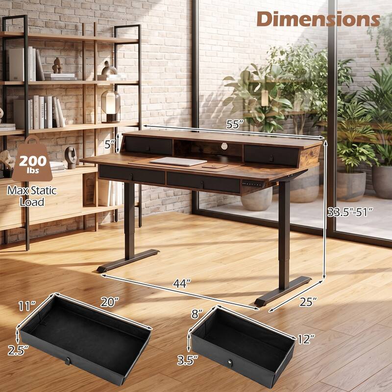 Dimensions: 55" x 33.5"-51" x 25"  
Max Static Load: 200 lbs  
Shelf Dimensions: 44" x 11" x 20"  
Drawer Dimensions: 12" x 8" x 3.5"  
Thickness: 5"