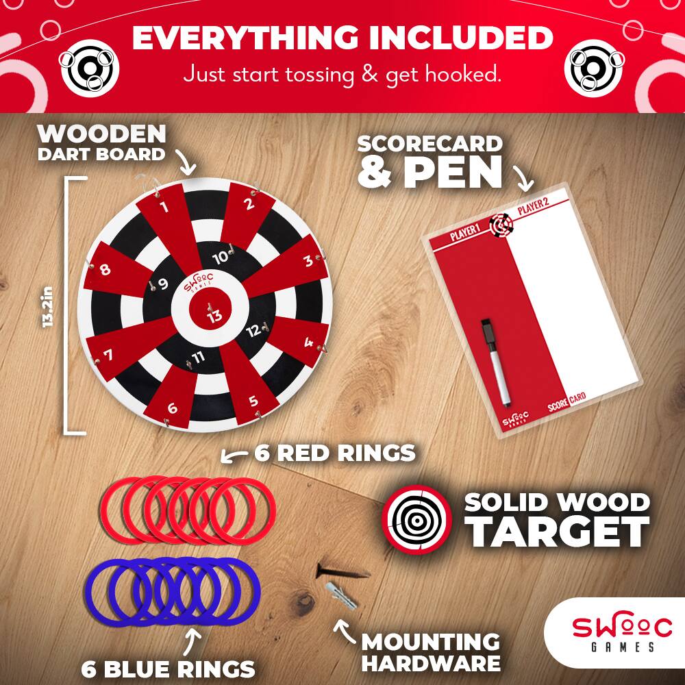 **EVERYTHING INCLUDED**  
Just start tossing & get hooked.

**WOODEN DART BOARD**  
13.2in

**SCORECARD & PEN**

**6 RED RINGS**

**6 BLUE RINGS**

**SOLID WOOD TARGET**

**MOUNTING HARDWARE**

SWOOC GAMES
