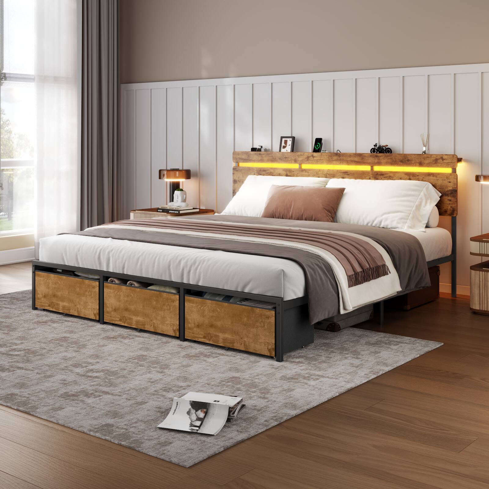 Angle. Furnulem - Platform Bed with 2 Drawers and Open Storage Headboard Adjustable LED Light and Charging Station - Brown.