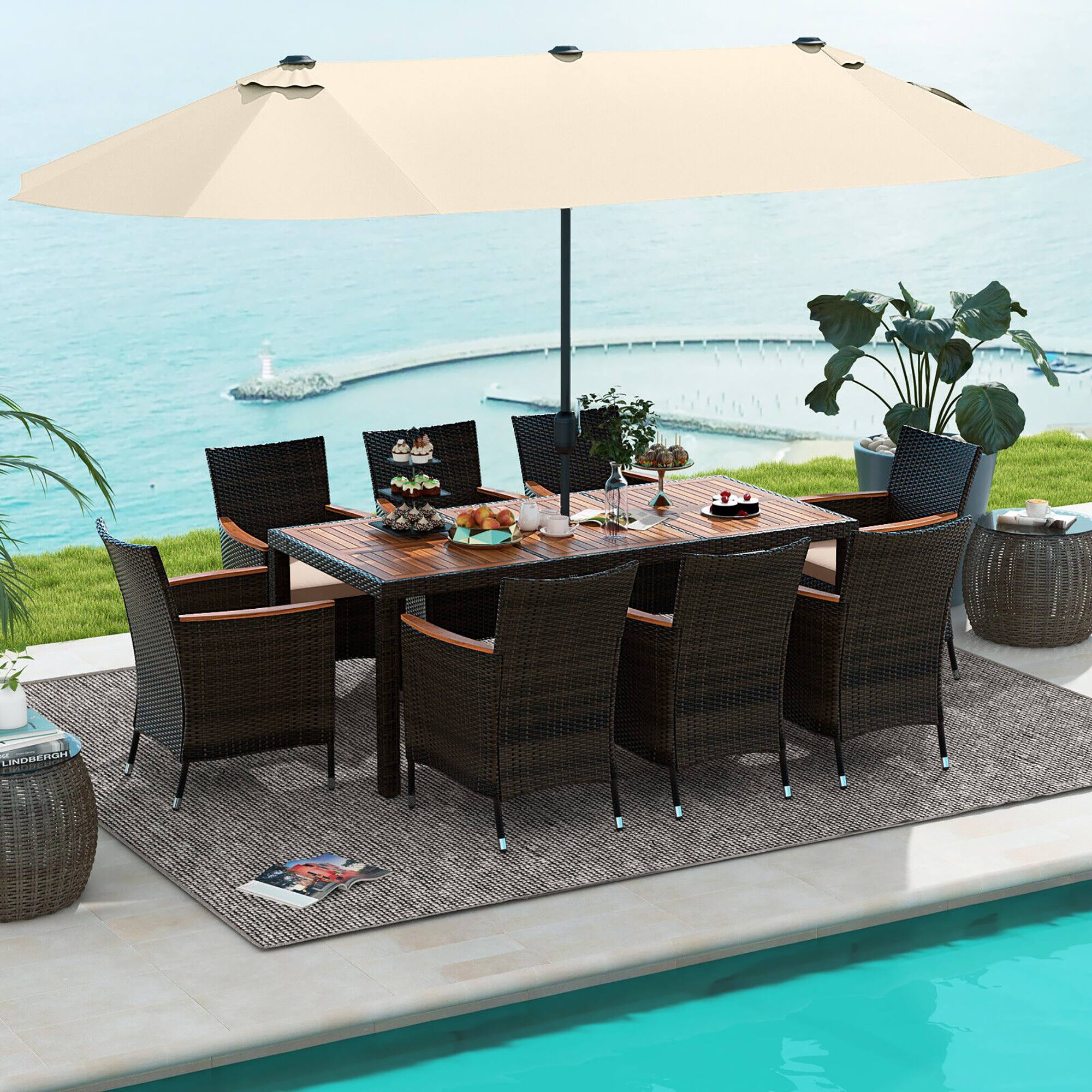 Alt View 1. Gymax - Gymax 9 Piece Patio Wicker Dining Set w/ Double-Sided Patio Beige Umbrella Stackable Chairs - Beige, Mix Brown.