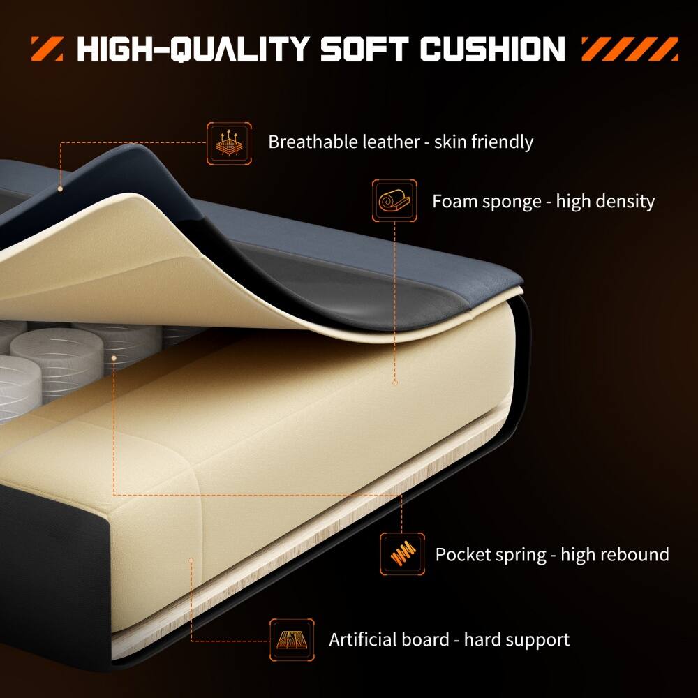 The text on the image describes a high-quality soft cushion with various features, such as breathable leather, skin-friendly foam sponge, pocket spring, high rebound, and an artificial board for hard support.