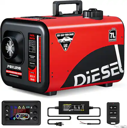 POXURIO 2025 UPGRADED DIESEL HEATER
- DIESEL HEATER
- One Speed to "eter Made
- ERLCE
- CE
- RoHS
- 12V-24V-110V-240V
- 24V
- 7L
- LiAE
- DIESE
- POWER ADAPTER
- CAR HEATER
- OK
- OFF
- ON
POXURIO
