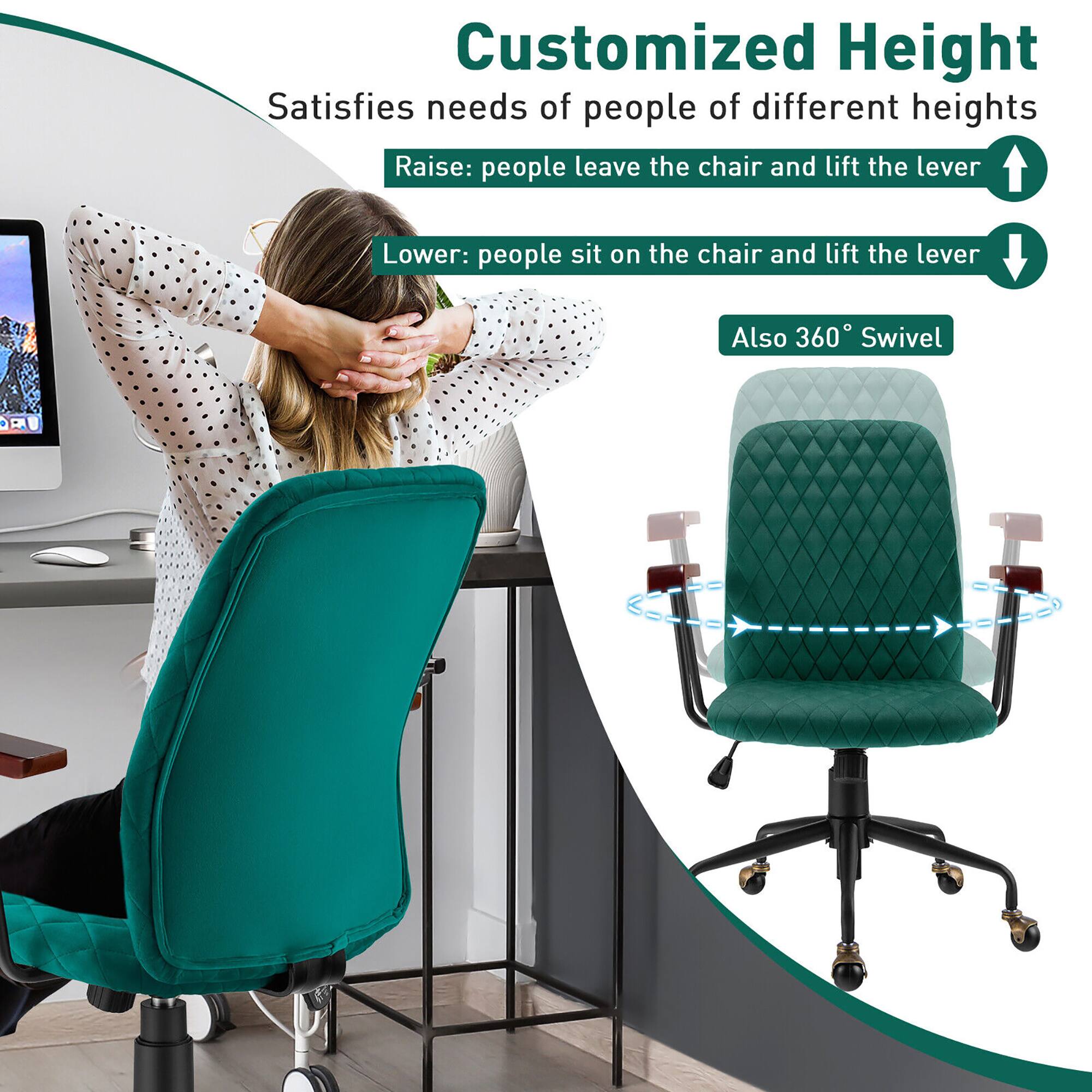 Customized Height: Satisfies needs of people of different heights. Raise: People leave the chair and lift the lever. Lower: People sit on the chair and lift the lever. Also: 360 Swivel.