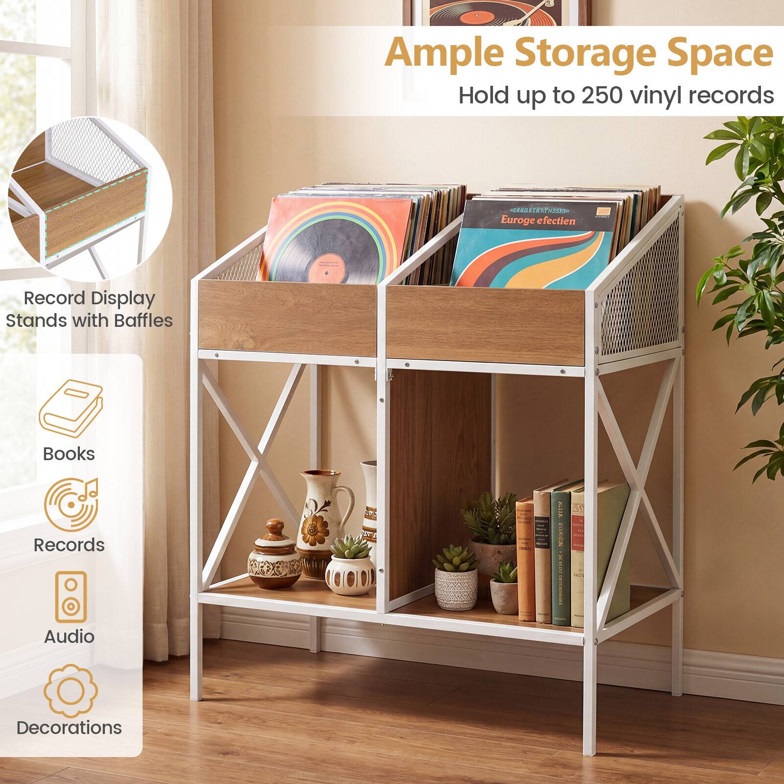 Ample Storage Space Hold up to 250 vinyl records

Euroge effectien

Record Display Stands with Baffles

Books

Records Audio

XCTIX PARASE CHEESE

Decorations