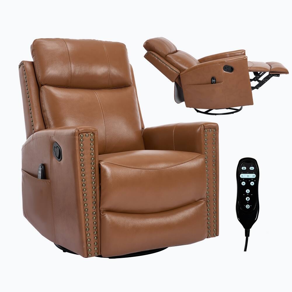 Alt View 9. Ropilly - Ropilly Genuine Leather Massage Recliner Yellow Swivel Rocker Chair with Lumbar Heat - Yellow.