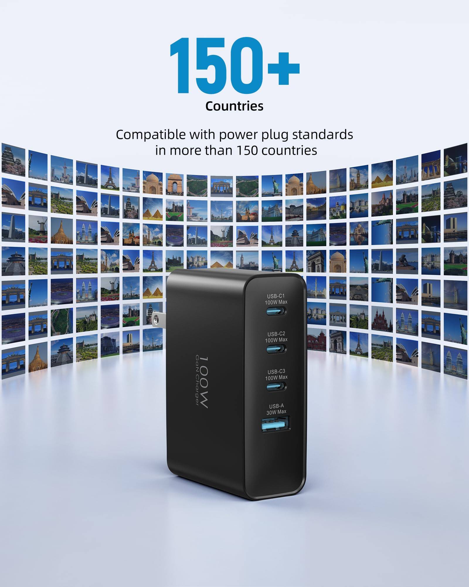 150+ Countries Compatible with power plug standards in more than 150 countries

USB-C1 100W Max  
USB-C2 100W Max  
USB-C3 100W Max  
USB-A 30W Max
