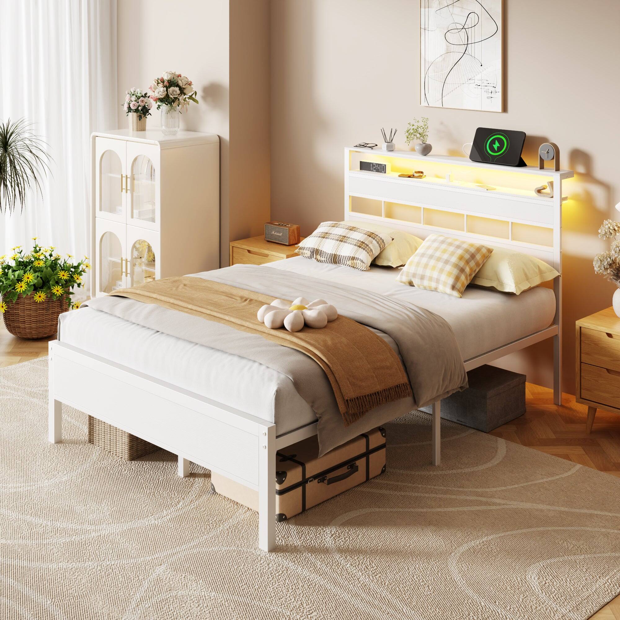 Left. Furnulem - Bed Frame with 2-Tier Shelves Charging Station  LED Lights Metal Slats Wood Headboard - White.