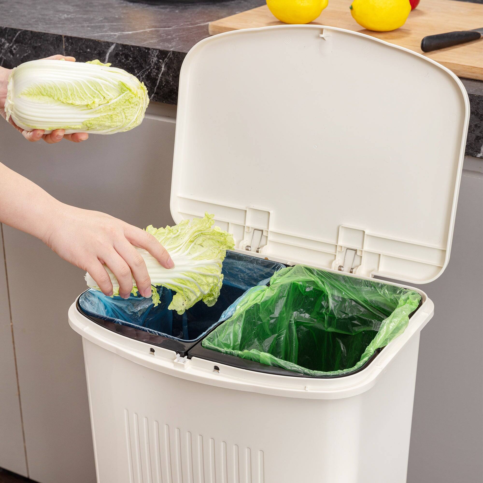 Left. Vecelo - Kitchen Trash Can with Press-Type Lid - Dual Compartment Pet Proof Garbage Bin, Tissue Holder & Storage Drawer - Beige.