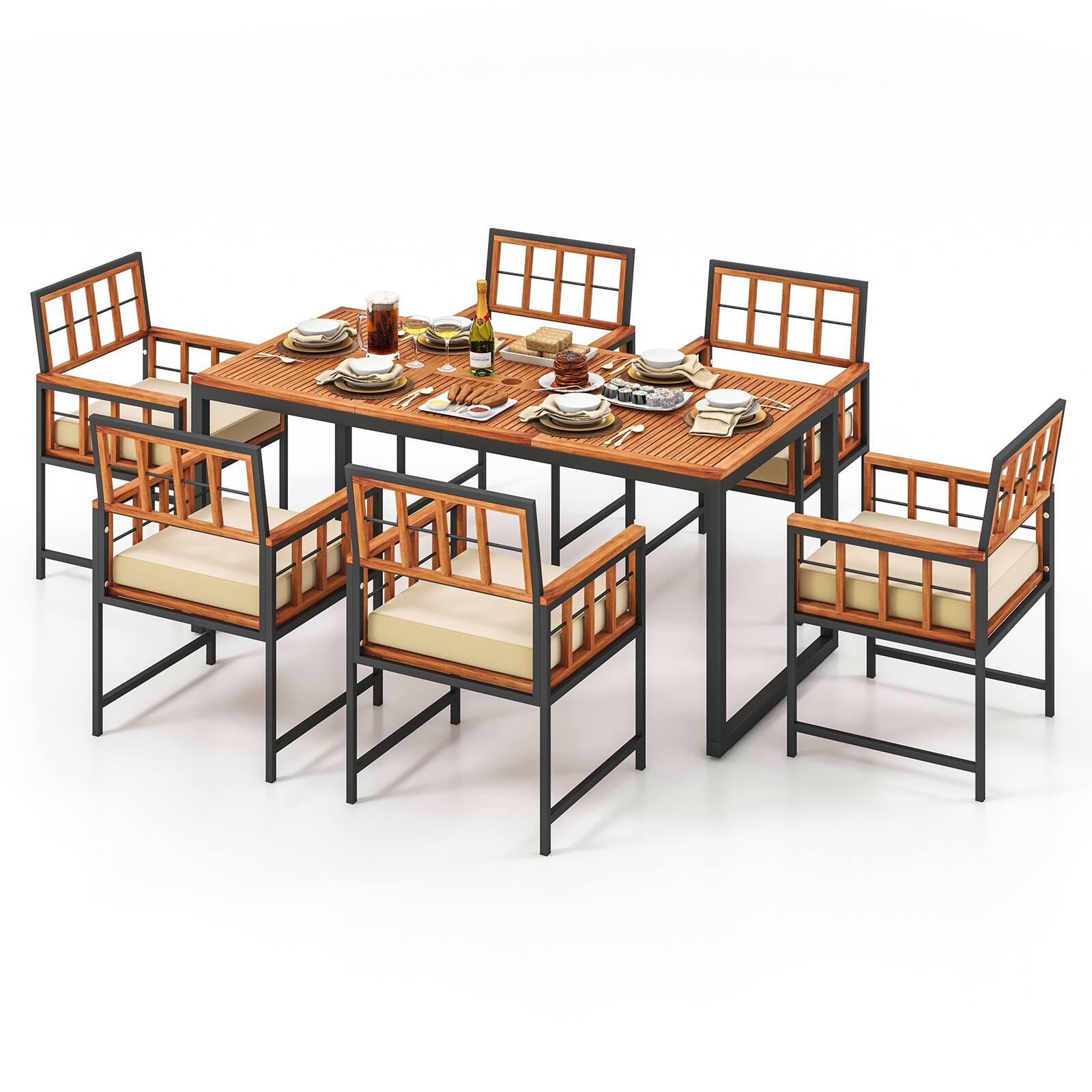 Alt View 4. Gymax - Gymax 7PCS Dining Set Outdoor Acacia Wood Table w/ Soft Cushions Umbrella Hole Patio - Natural, Black.