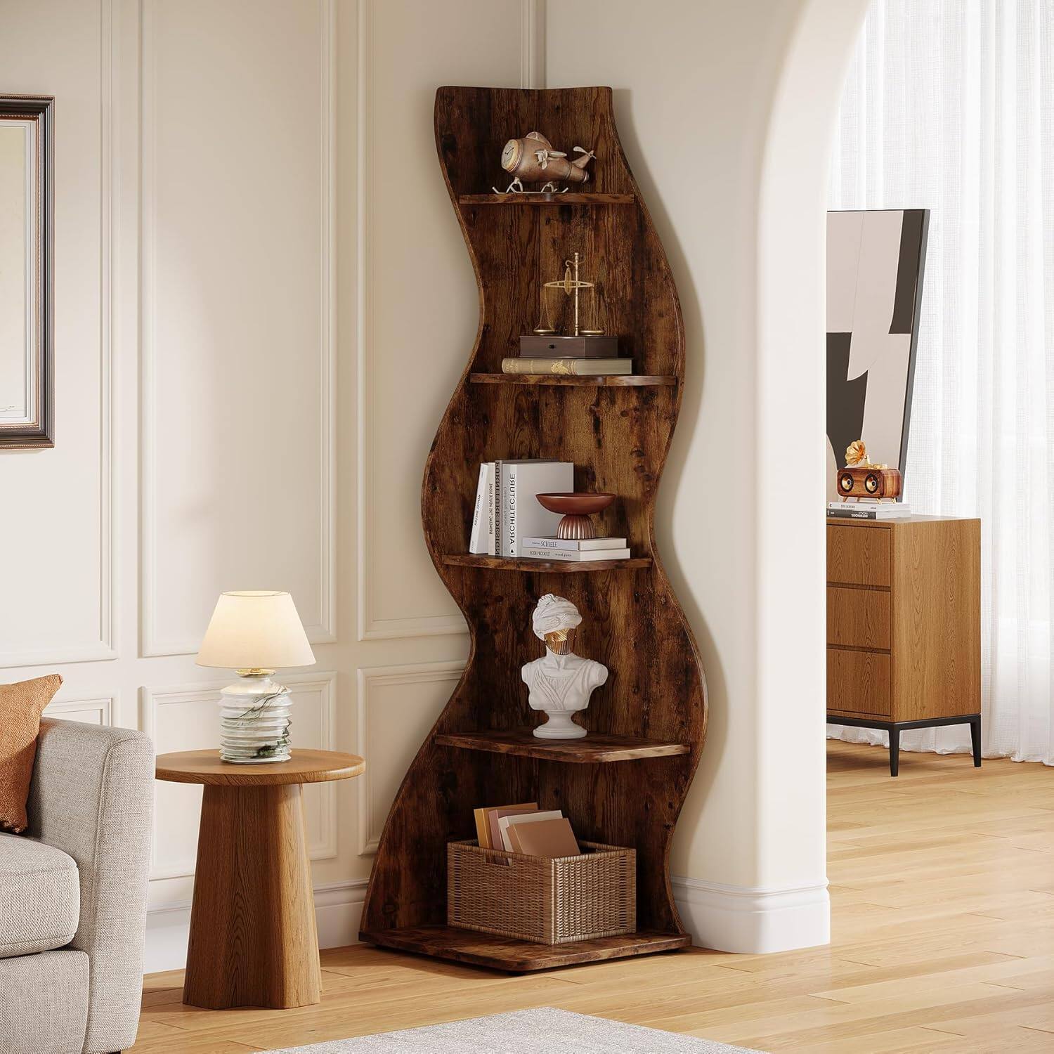 Alt View 3. Tribesigns - Corner Bookshelf with Storage Shelves and Book and Decor Display for Living Room - Dark Brown.
