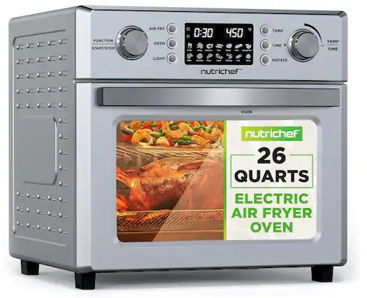 FUNCTION START/STOP AIR FRY OVEN
"0:30 450"
Dehydrate TEMP TIME TEMP TIME LIGHT
- - - - - -
Strrimp -
ROTATE
nutrichef
OVEN nutrichef
26 QUARTS ELECTRIC AIR FRYER OVEN
