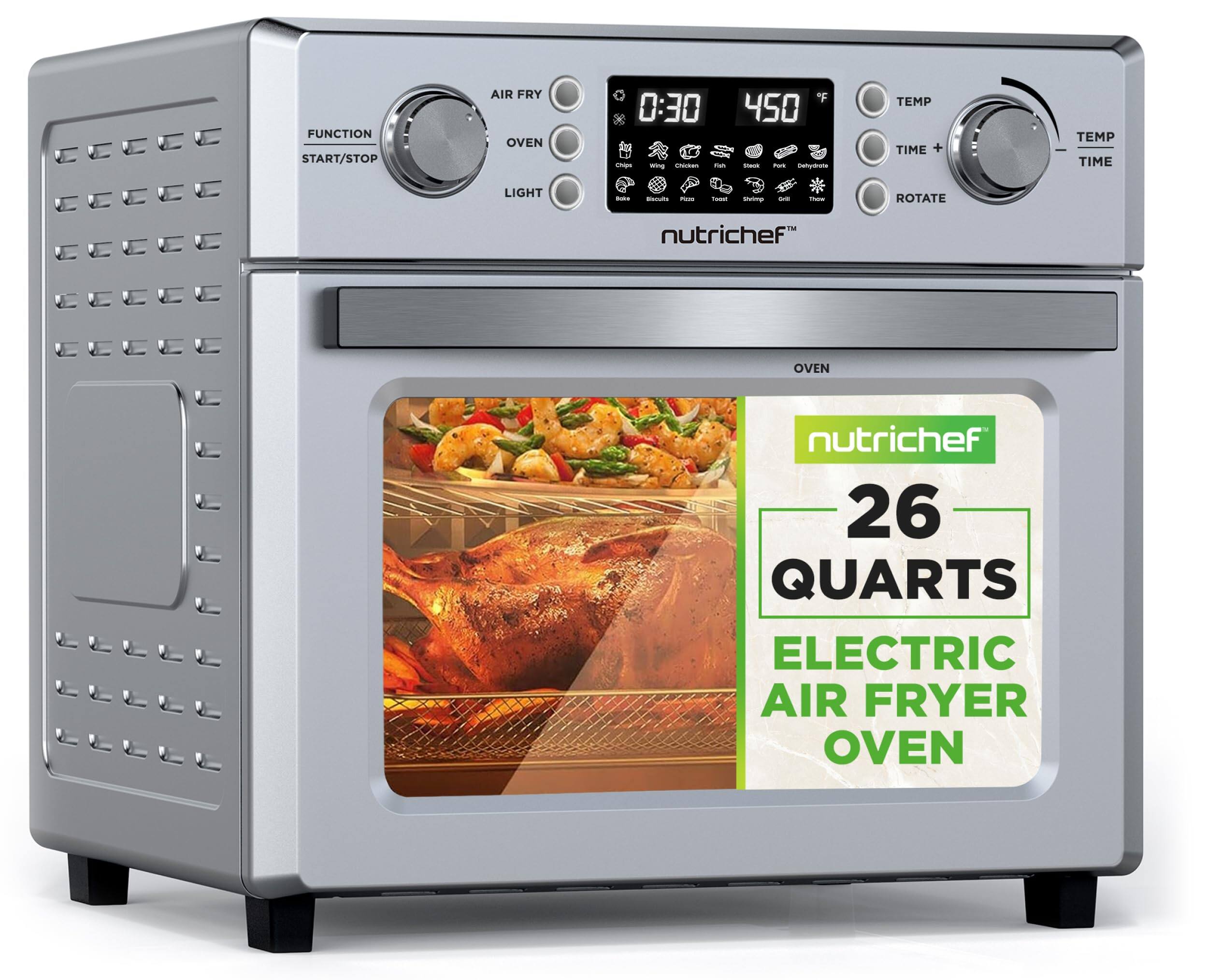FUNCTION START/STOP AIR FRY OVEN  
"0:30 450"  
Dehydrate TEMP TIME TEMP TIME LIGHT  
- - - - - -  
Strrimp -  
ROTATE  
nutrichef  
OVEN nutrichef  
26 QUARTS ELECTRIC AIR FRYER OVEN