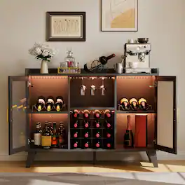 Jojoka - 47" Freestanding Wine Bar Cabinet with LED Lights, Storage Shelves & Acrylic Doors - Black
