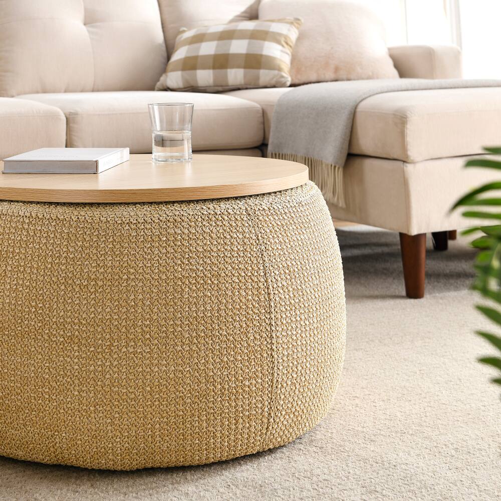 Alt View 1. PDTEND - Natural Round Storage Ottoman for Bedroom Living Room - Natural.