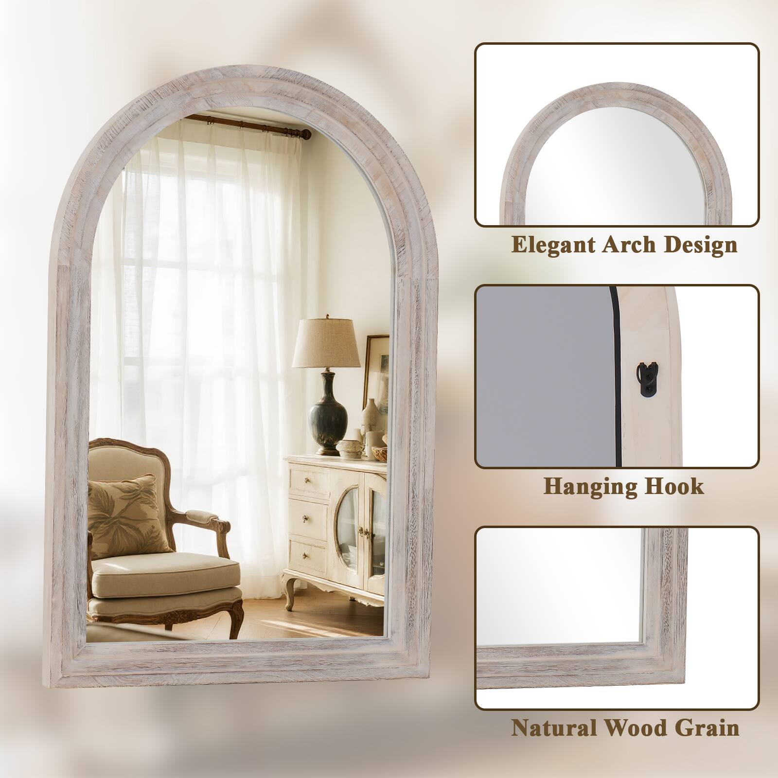 Elegant Arch Design  
Hanging Hook  
Natural Wood Grain