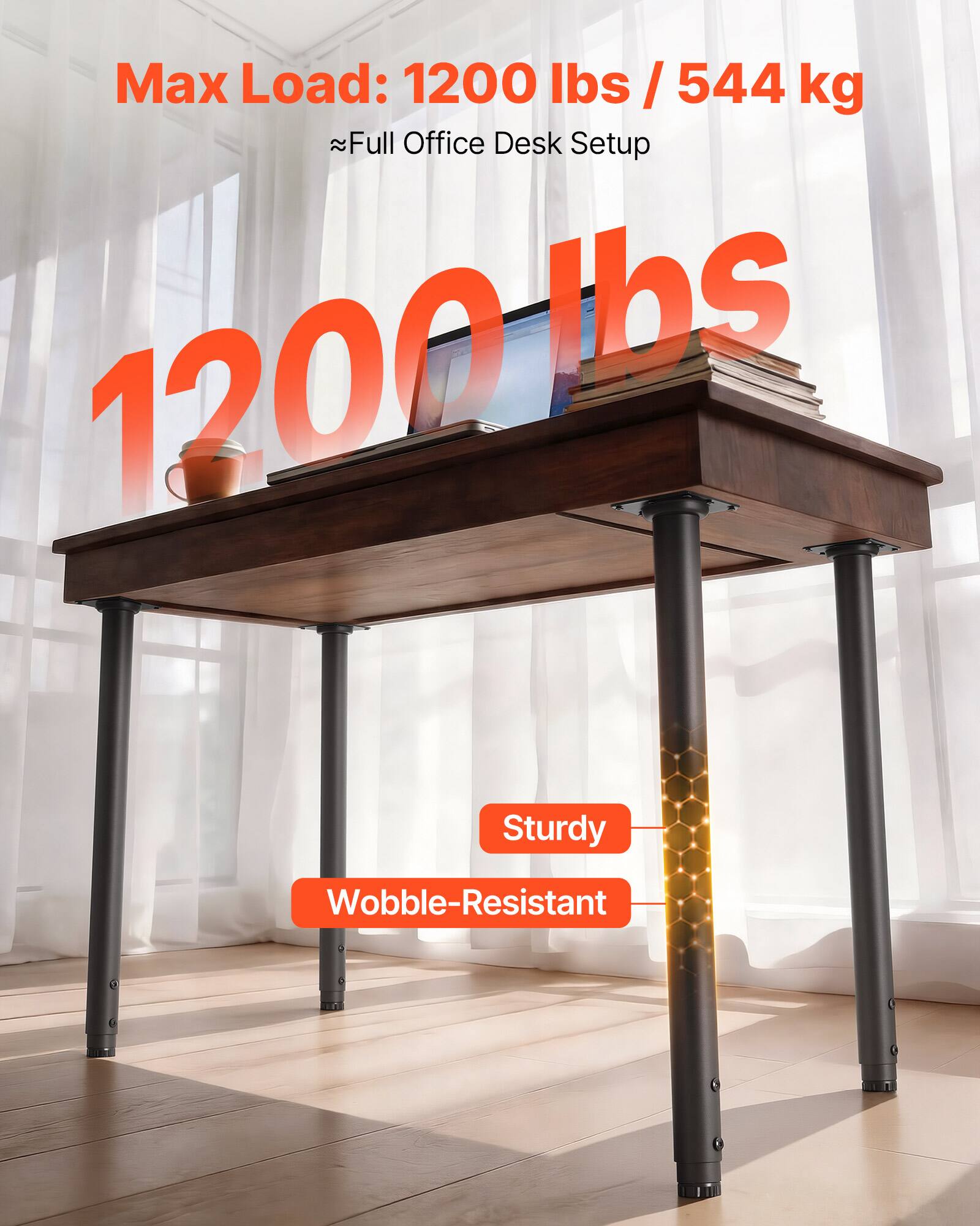 Max Load: 1200 lbs / 544 kg  
~Full Office Desk Setup  

1200 lbs  

Sturdy  
Wobble-Resistant
