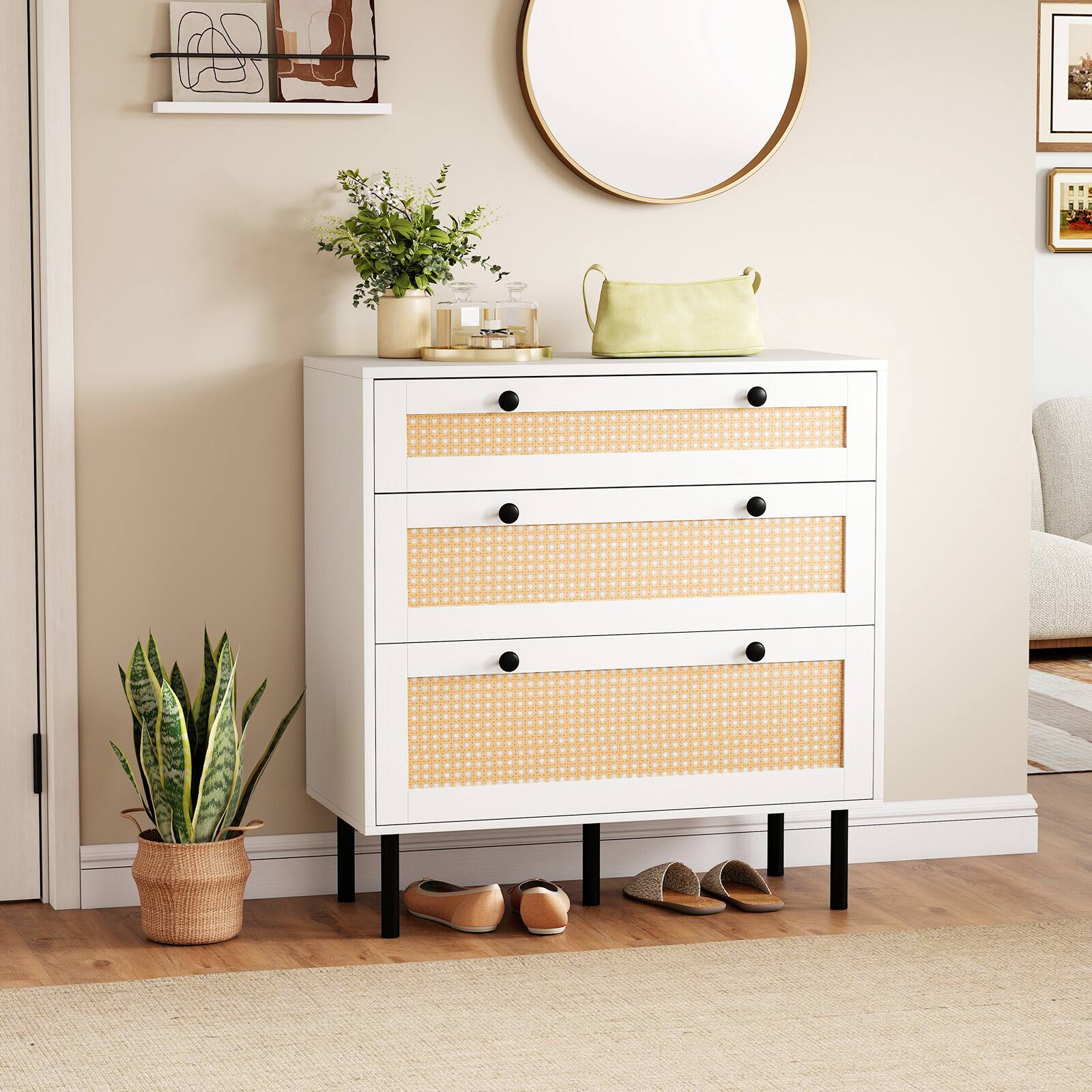 Alt View 1. Gymax - Gymax Rattan Dresser w/ 3 Drawers Boho Chest of Drawers w/Metal Legs Wide Nightstand - White.