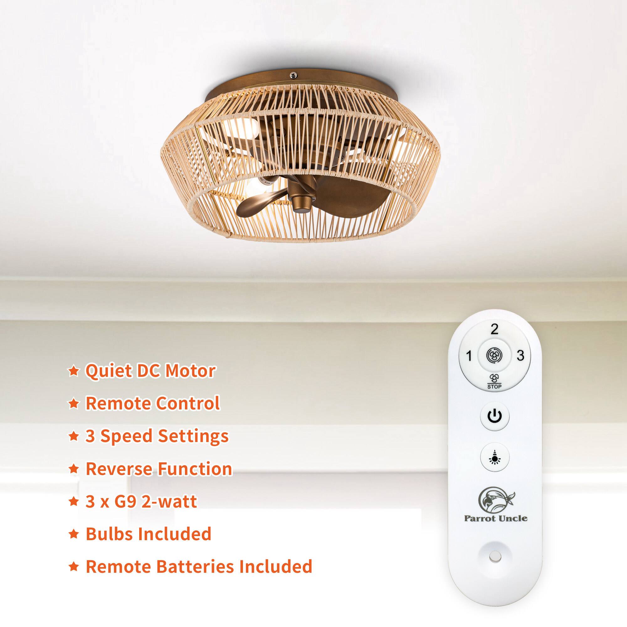 - Quiet DC Motor
- Remote Control
- 3 Speed Settings
- Reverse Function
- 3 x G9 2-watt Bulbs Included
- Remote Batteries Included
