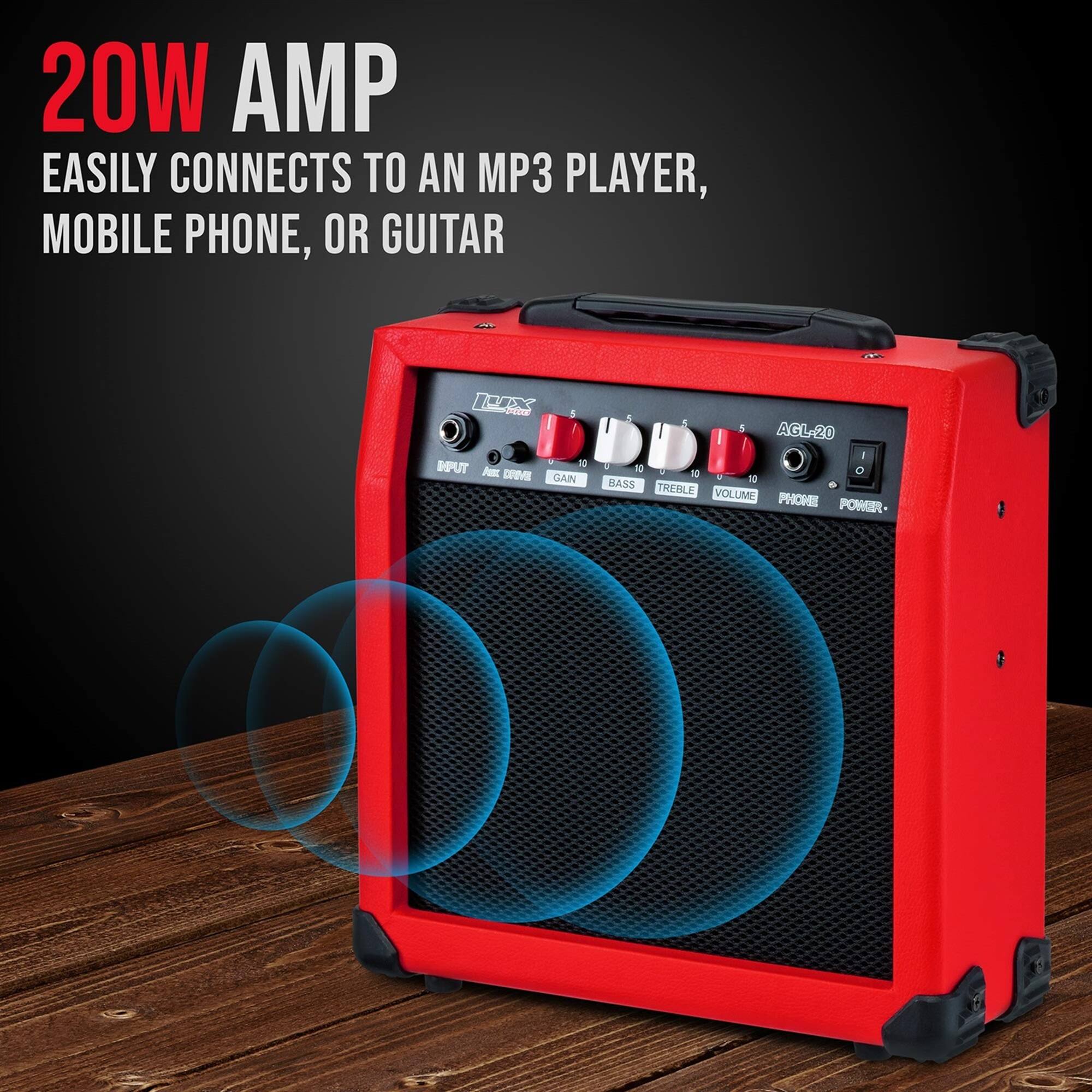 20W AMP  
EASILY CONNECTS TO AN MP3 PLAYER, MOBILE PHONE, OR GUITAR