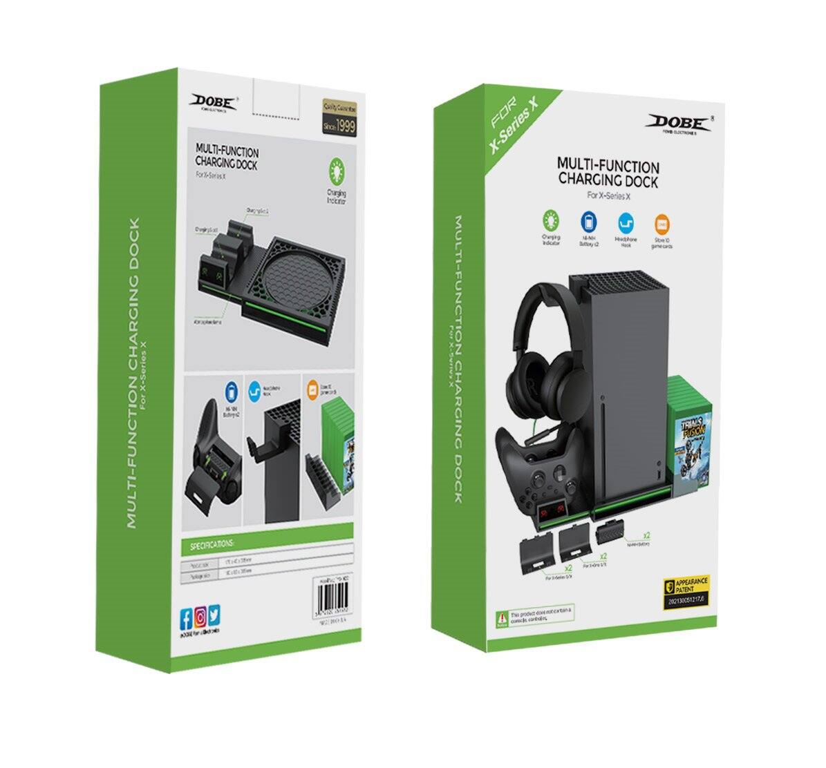 **DOBE**  
Since 1999  

**MULTI-FUNCTION CHARGING DOCK**  
For X-Series X  

**MULTI-FUNCTION CHARGING DOCK**  
For X-Series X  

**SPECIFICATIONS**  
- Weight: 1.42 kg  
- Voltage: 100-240V  
- Current: 1A  
- Dimensions: 250 x 150 x 50 mm  

**Features**  
- Charging Indicator  
- Battery Level  
- Headset Jack  
- Gamepad Charging  

**APPEARANCE**  
- 2020/05/07/17  

**The product includes**  
- Charging Dock  
- 2 x Gamepad Charging Cables  
- 1 x Headset Charging Cable  

**SOCIAL MEDIA**  
- Facebook  
- Twitter  
- Instagram  

**Barcode**  
- 84270154  

**EAN**  
- 84270154  

**Since 1999**  
**Charging Protector**  

**X-Series X**  
**MULTI-FUNCTION CHARGING DOCK**  
**For X-Series X