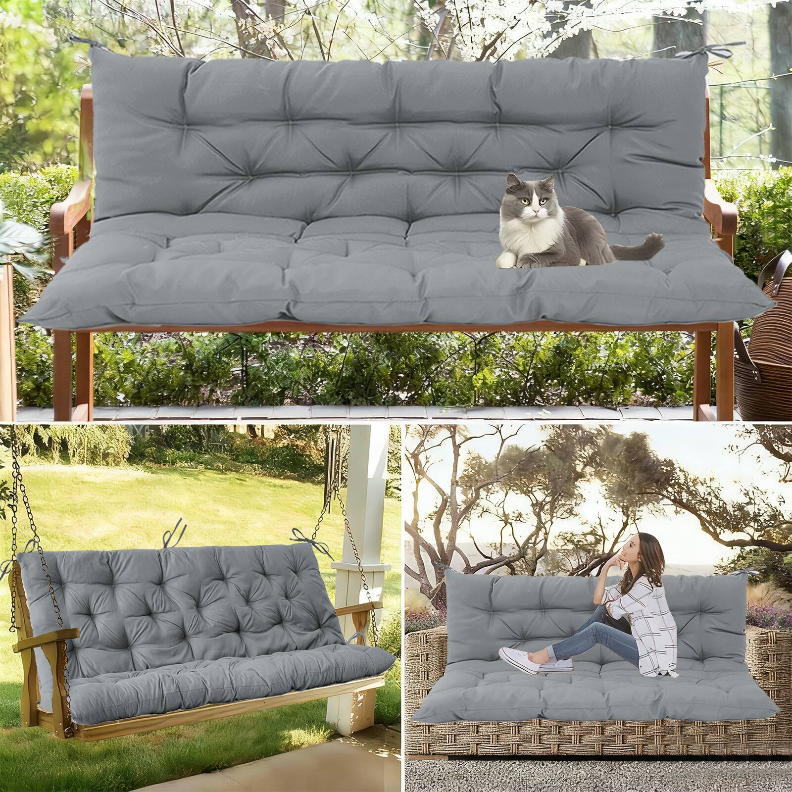 Alt View 3. Chateau Abodes - Outdoor Replacement Seat Cushions for 2-3 Person Swing & Bench, Waterproof Sofa Pads with Backrest for Patio Furniture - Light Gray-40x60in.