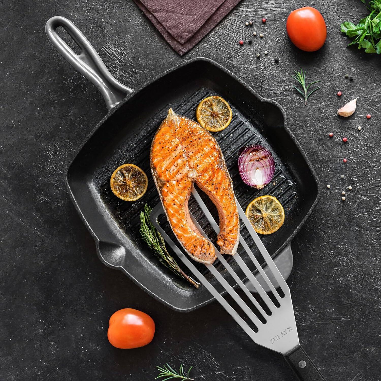 Angle. Zulay Kitchen - Zulay Kitchen Stainless Steel Fish Turner Spatula - 12.4” Flexible Heat-Resistant Slotted Turner for Non-Stick Cookware - Black.