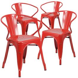 Emma + Oliver - Commercial Grade 4 Pack Metal Indoor-Outdoor Chair with Arms - Red
