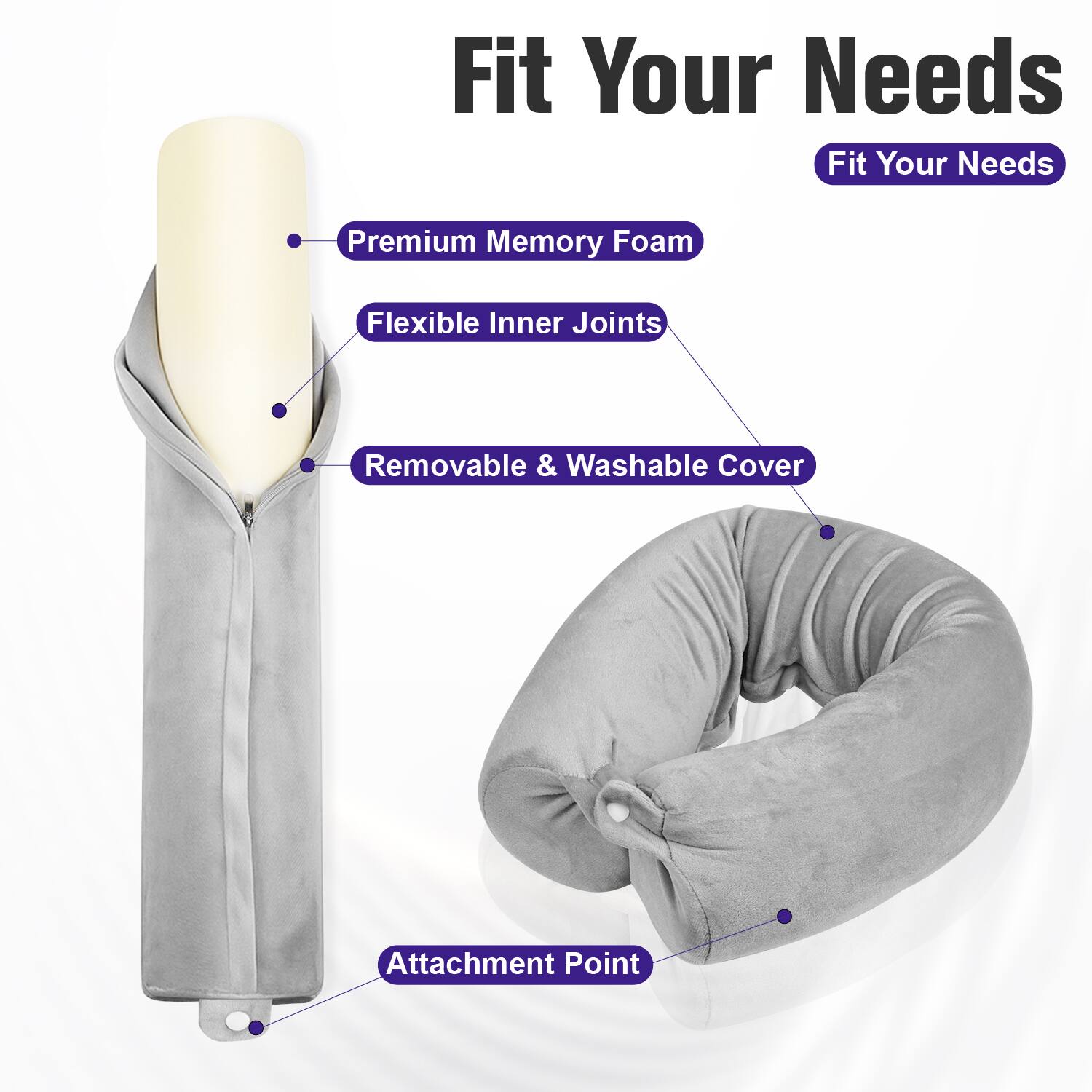 Fit Your Needs

- Premium Memory Foam
- Flexible Inner Joints
- Removable & Washable Cover
- Attachment Point