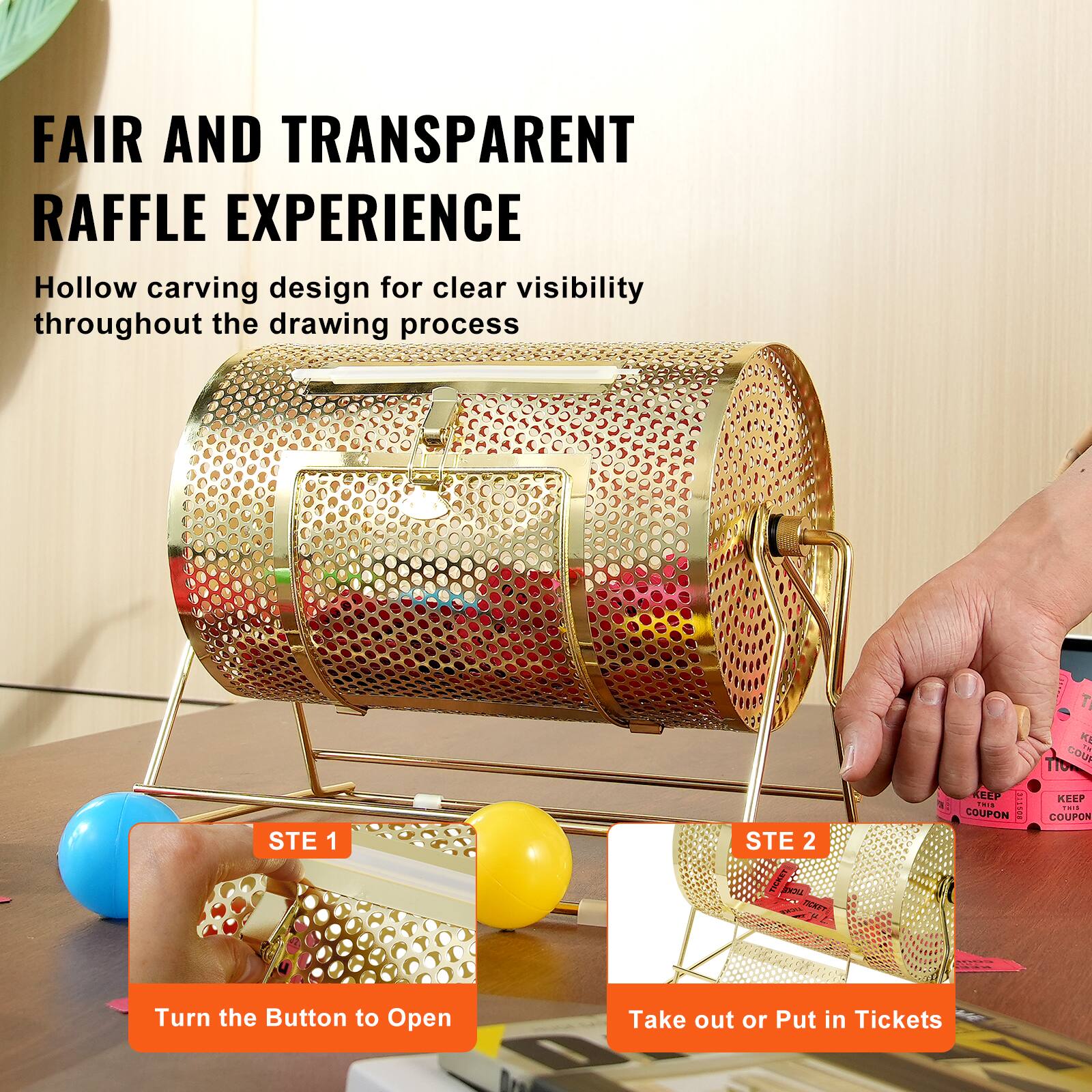 FAIR AND TRANSPARENT RAFFLE EXPERIENCE  
Hollow carving design for clear visibility throughout the drawing process  

STE 1  
Turn the Button to Open  

STE 2  
Take out or Put in Tickets