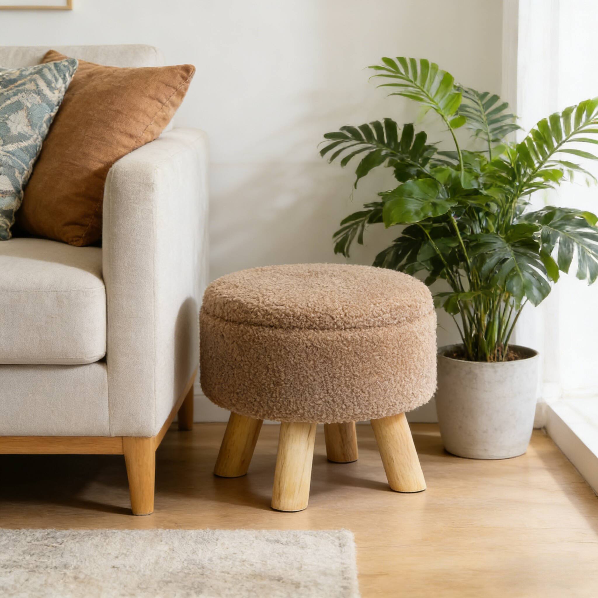 Alt View 2. Oumilen - Brown Round Teddy Fleece Storage Ottoman – Flip Wooden Lid, 4 Wood Legs Vanity Seat Bench for Home - Brown.