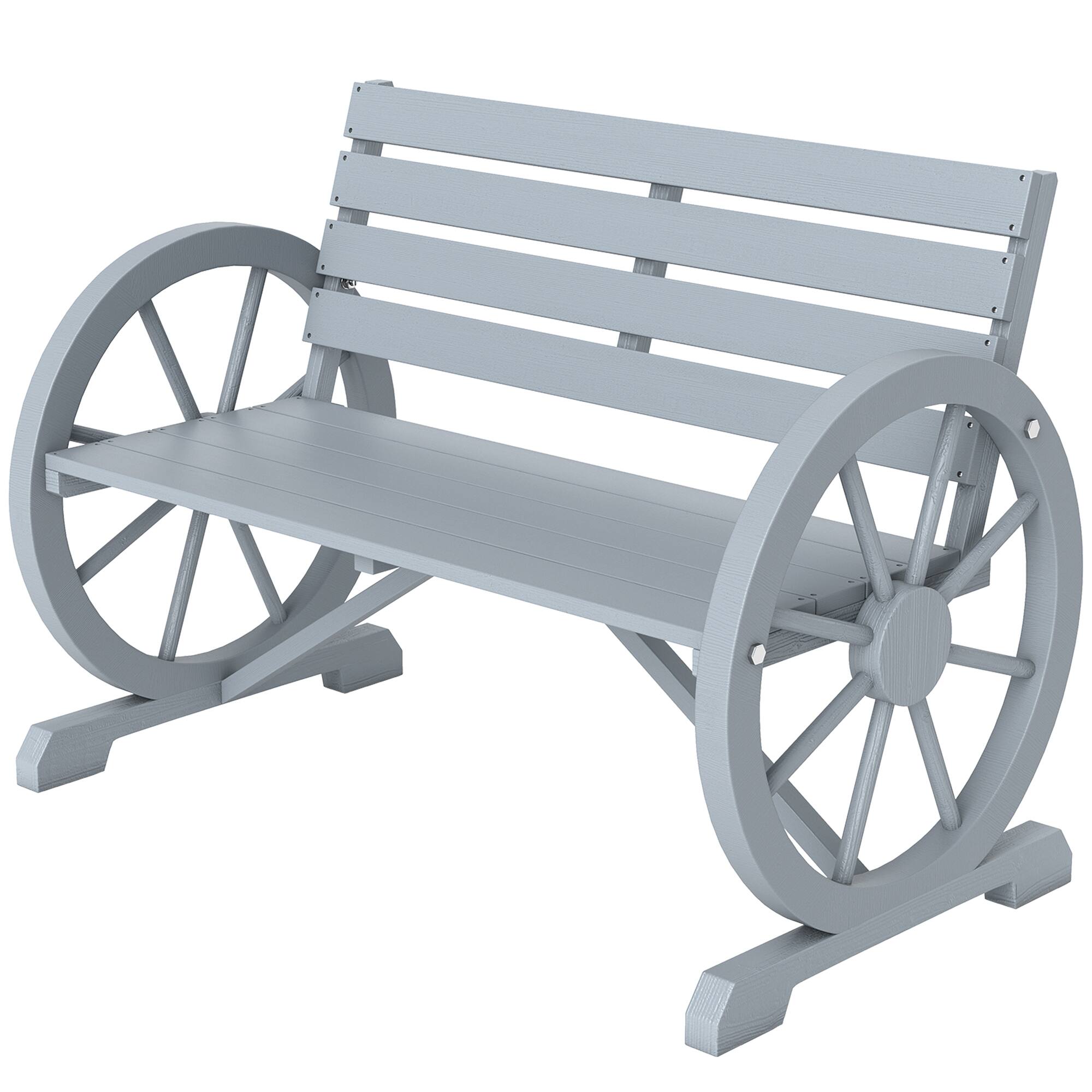 Front. Outsunny - Wooden Wagon Wheel Bench, Rustic Outdoor Patio Bench Weather Resistance Furniture, 2-Person Slatted Seat with Backrest - Charcoal Grey.