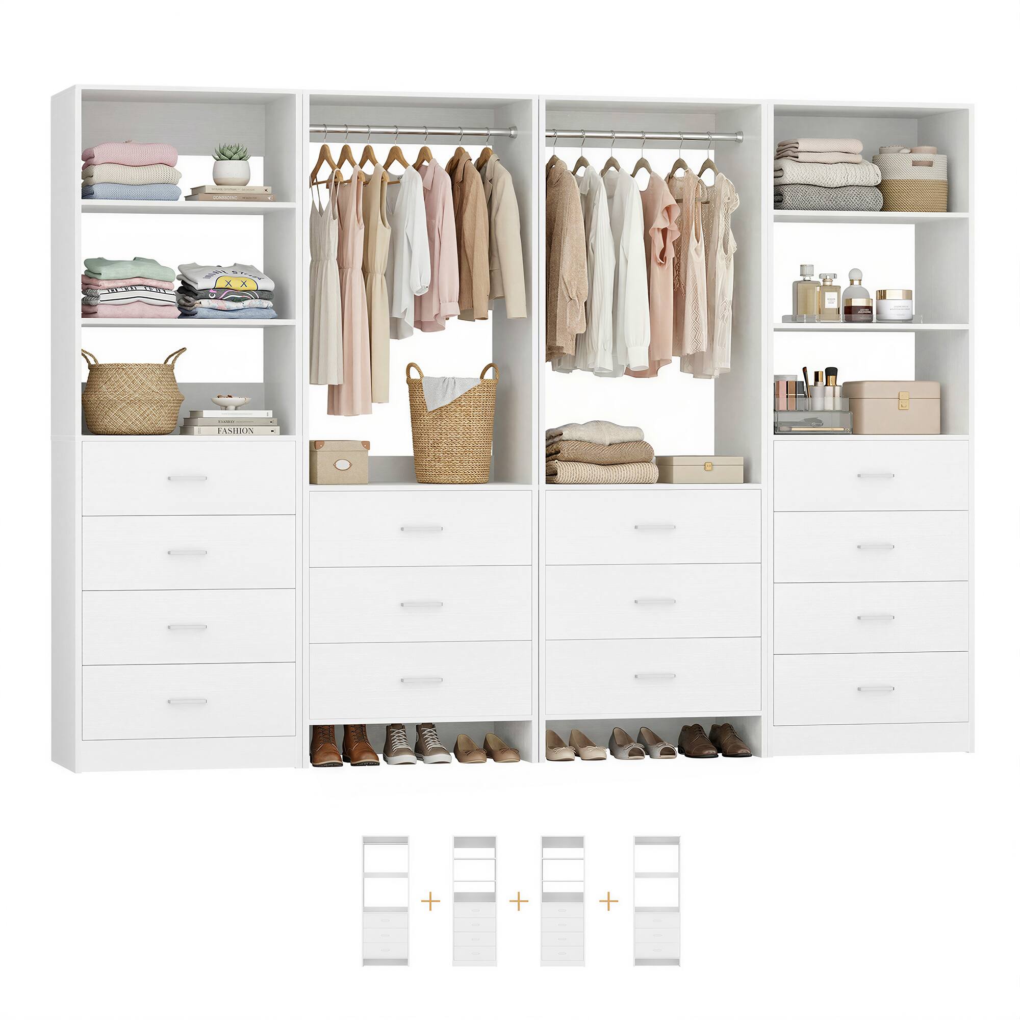 Angle. Aheaplus - 90'' Walk-in Closet Organizer System with 14 Drawers, 2 Hanging Rods and Adjustable Shelves - White.