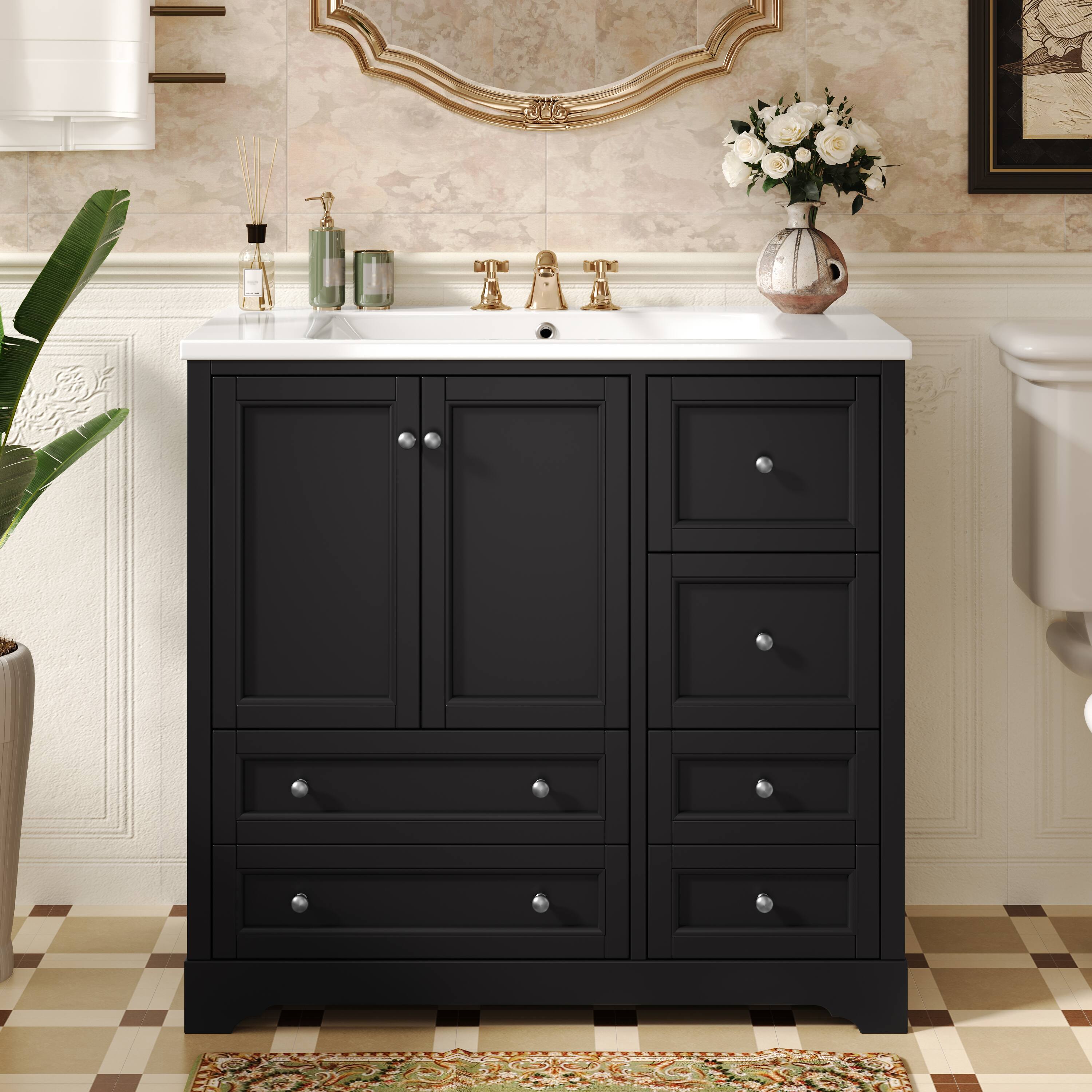 Left. Tiramisubest - 36inch Bathroom Vanity with Sink,Solid Wood Freestanding Bathroom Vanities with 4 Storage Drawers and Shelf - Black.