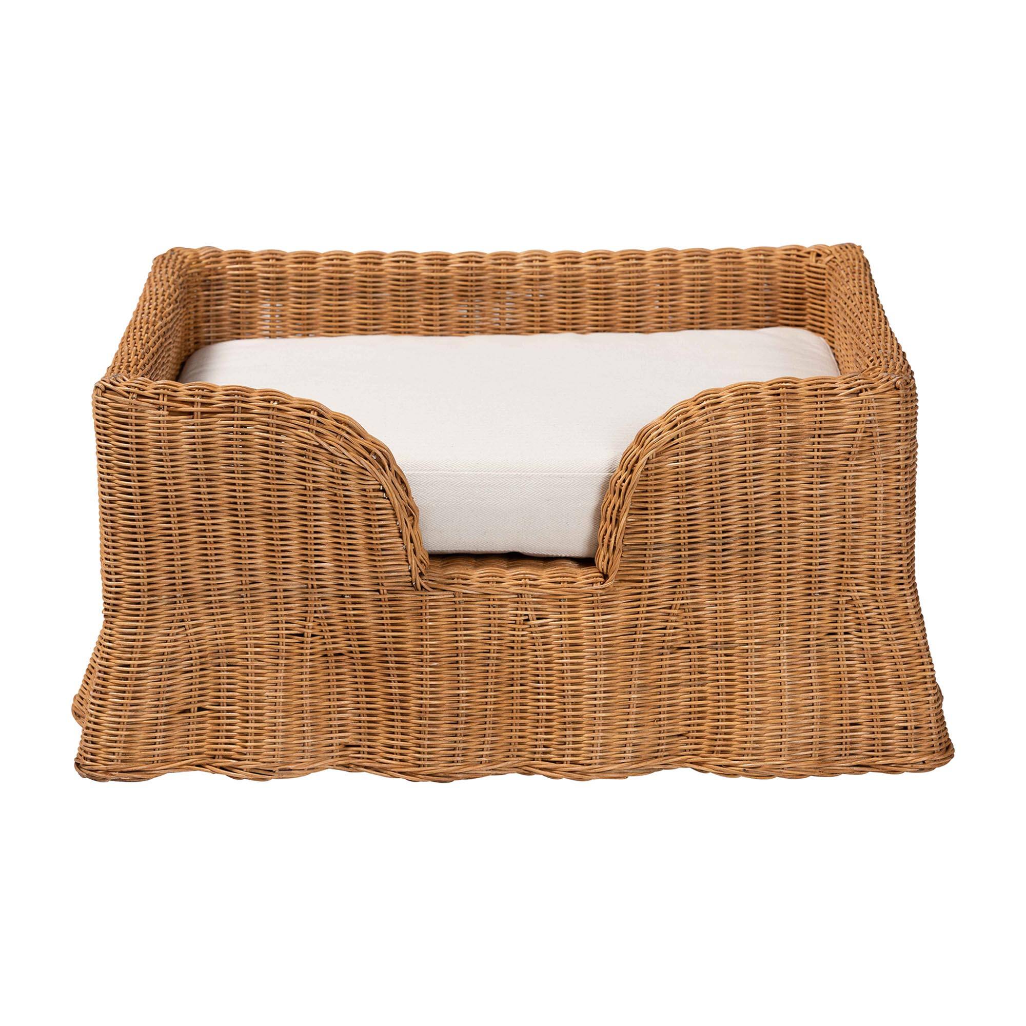 Angle. bali & pari - Belita Natural Rattan Pet Bed - Handwoven Wicker Enclosed Lounge Bed for Dogs or Cats with Removable Cushion, 30.2" - Light Honey.