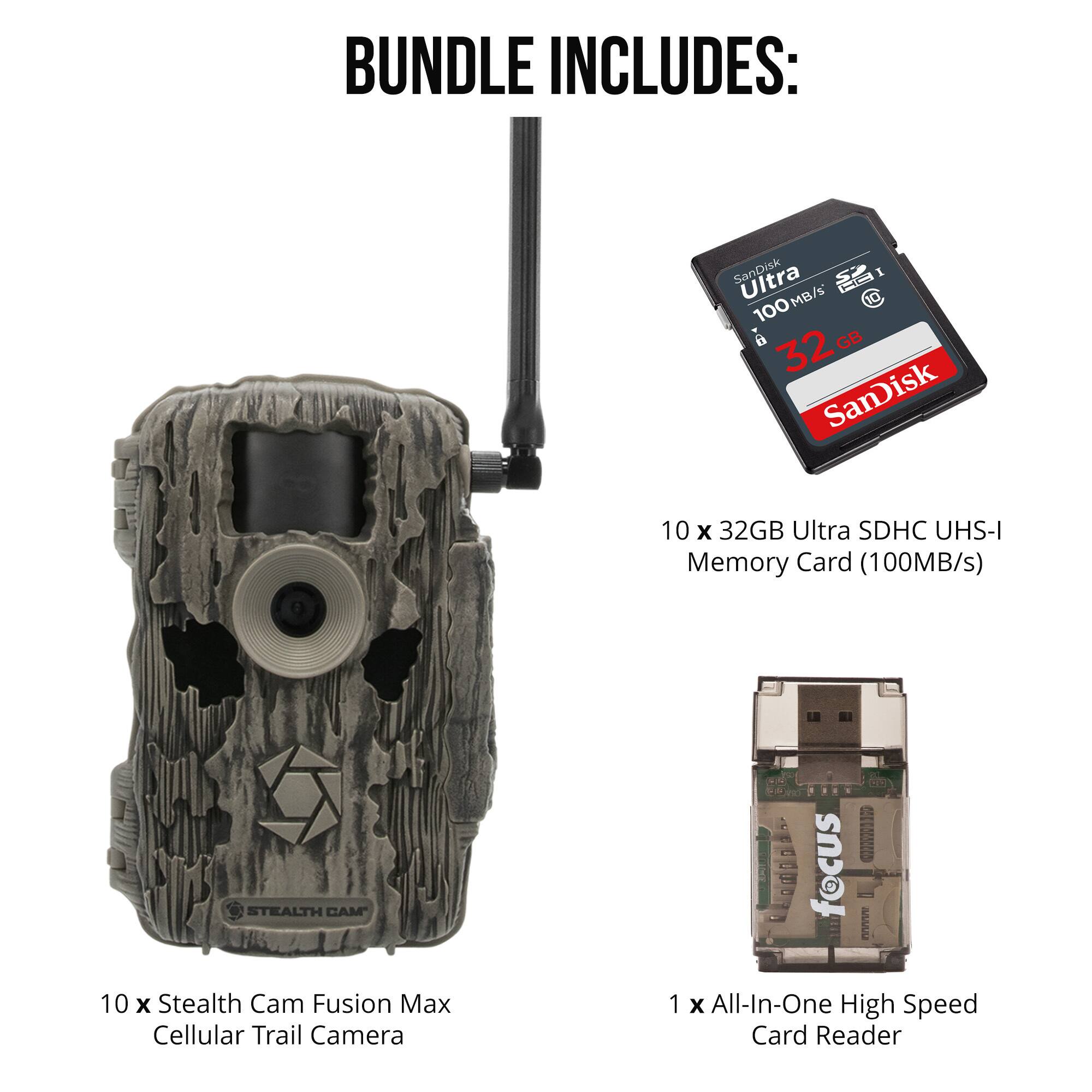 BUNDLE INCLUDES:

- 10 x 32GB Ultra SDHC UHS-I Memory Card (100MB/s)
- 10 x Stealth Cam Fusion Max Cellular Trail Camera
- 1 x All-In-One High Speed Card Reader