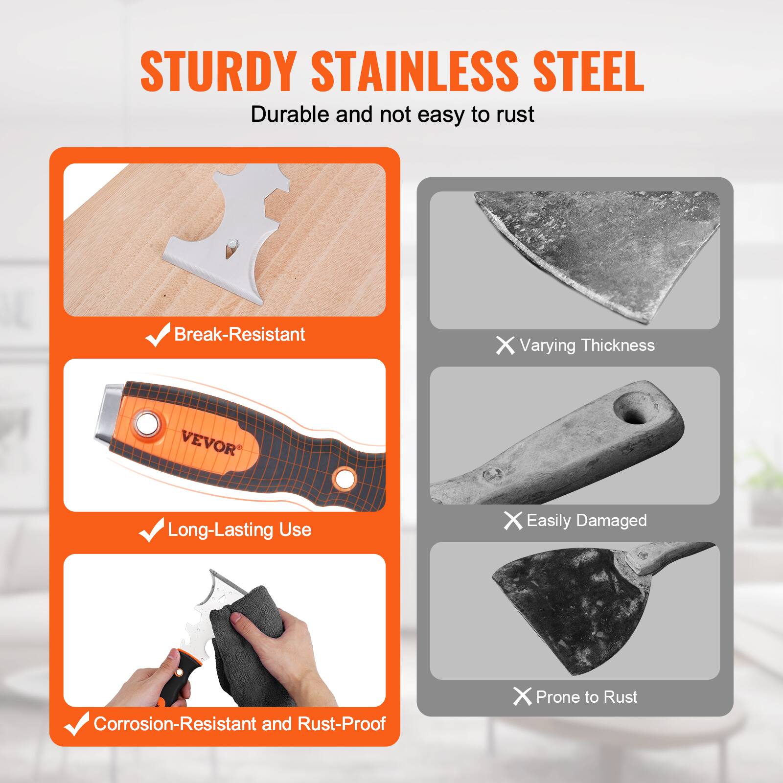 STURDY STAINLESS STEEL  
Durable and not easy to rust

- Break-Resistant
- Long-Lasting Use
- Corrosion-Resistant and Rust-Proof

- Varying Thickness
- Easily Damaged
- Prone to Rust