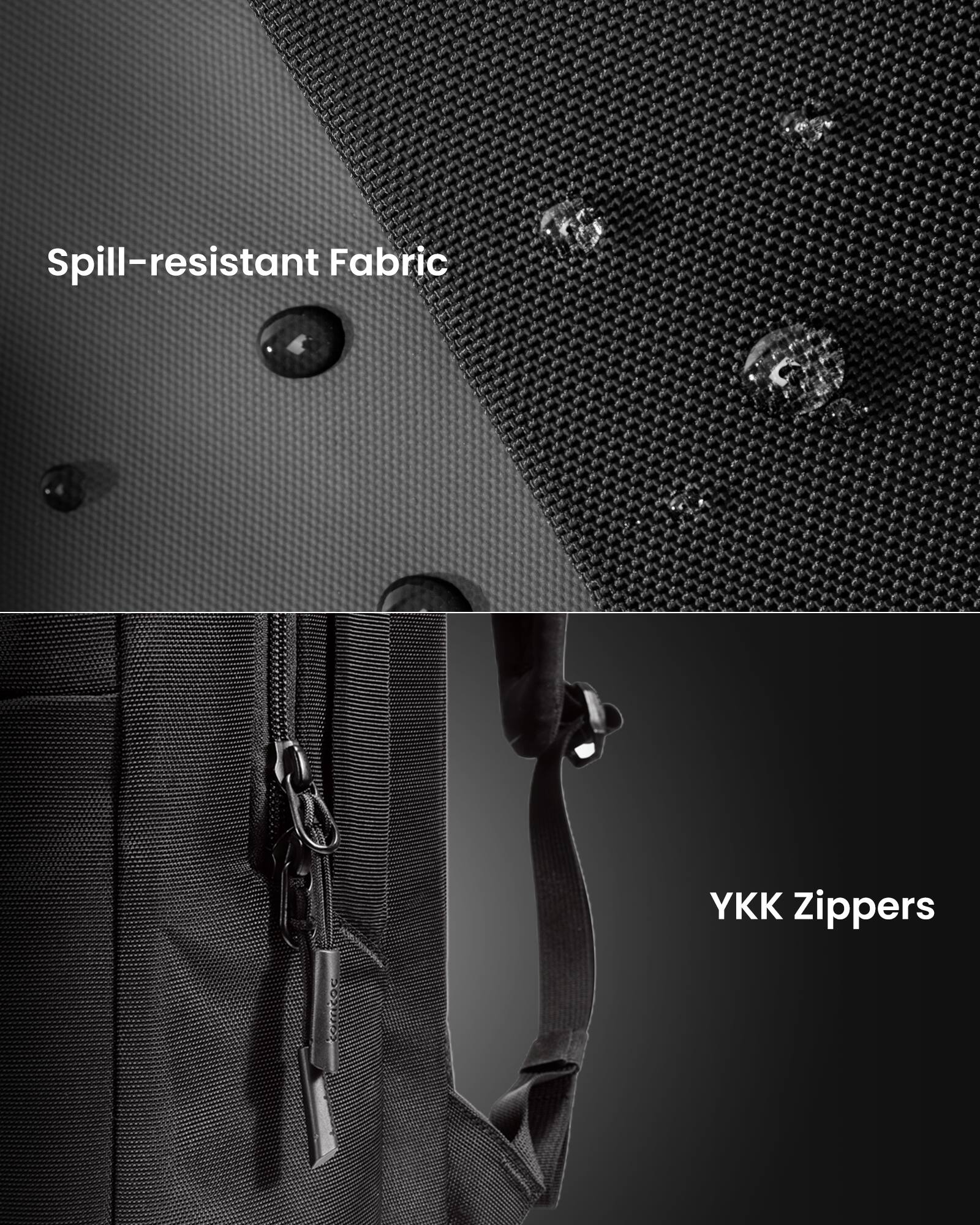 Spill-resistant fabric YKK zippers.