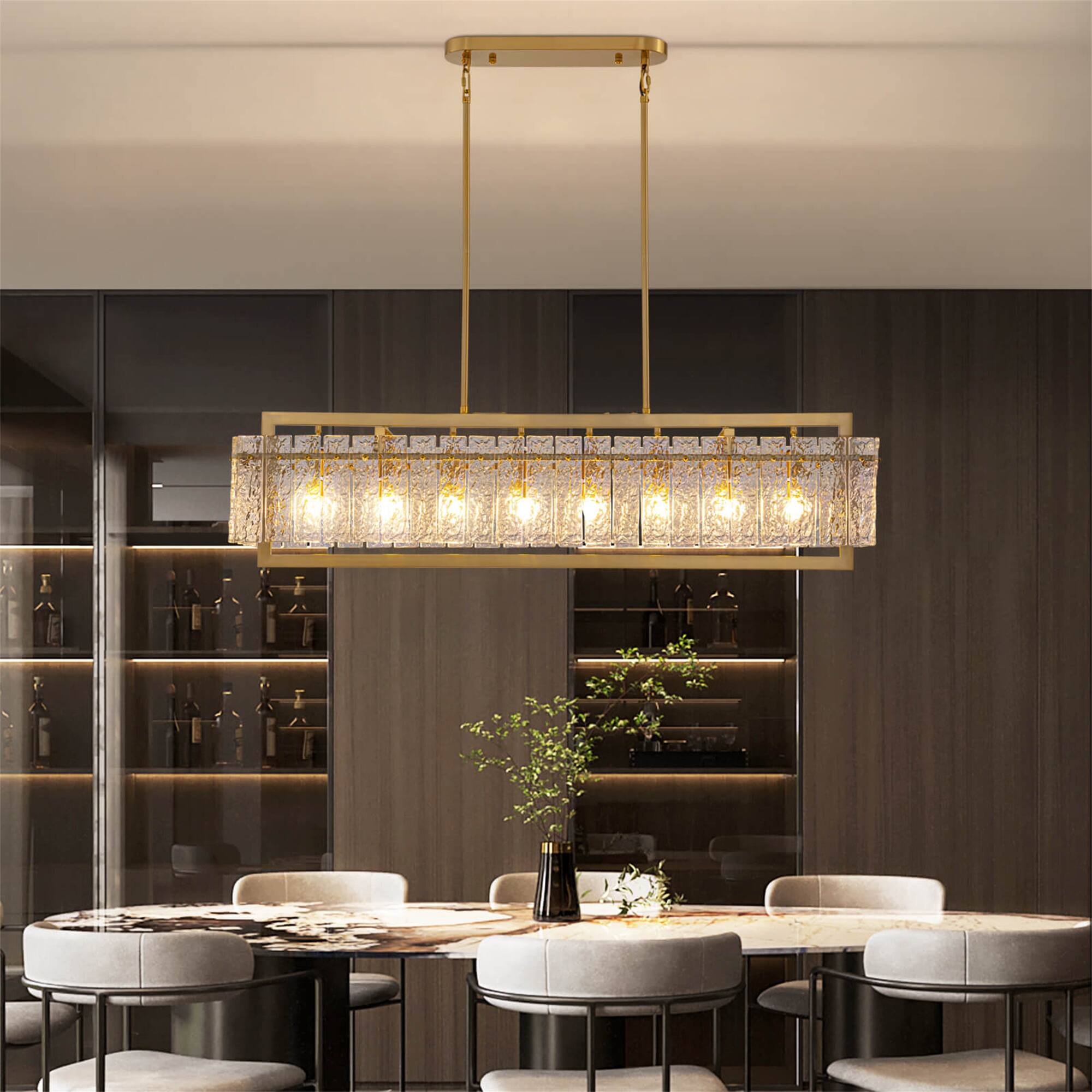 Left. Siljoy - 49.2-In 8-Light Brass Square Linear Chandelier, Adjustable Cable Iron Pendant Light for Kitchen Island Dining Foyer - Brass.