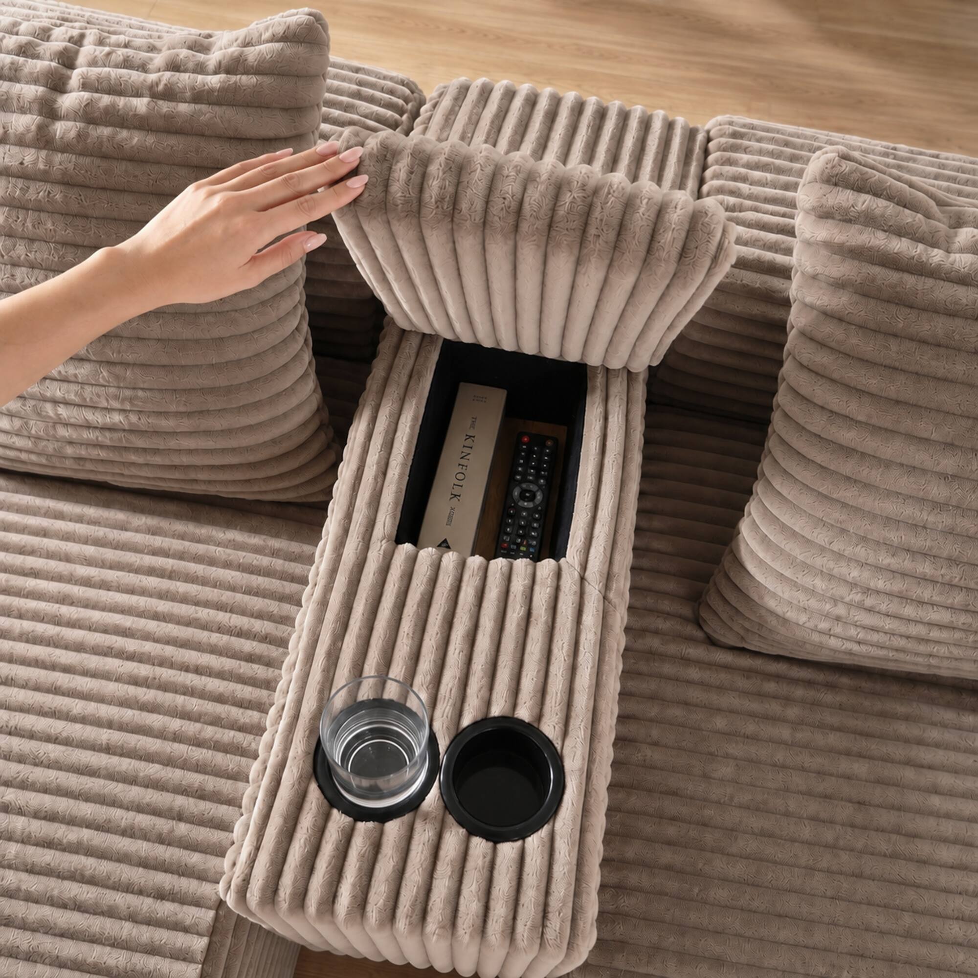 Back. Anysun - Corduroy U-Shaped Modular Segmented Sofa – Large Sitting Depth Convertible, Cup Holders & Storage, Left-Facing Chaise - Coffee.