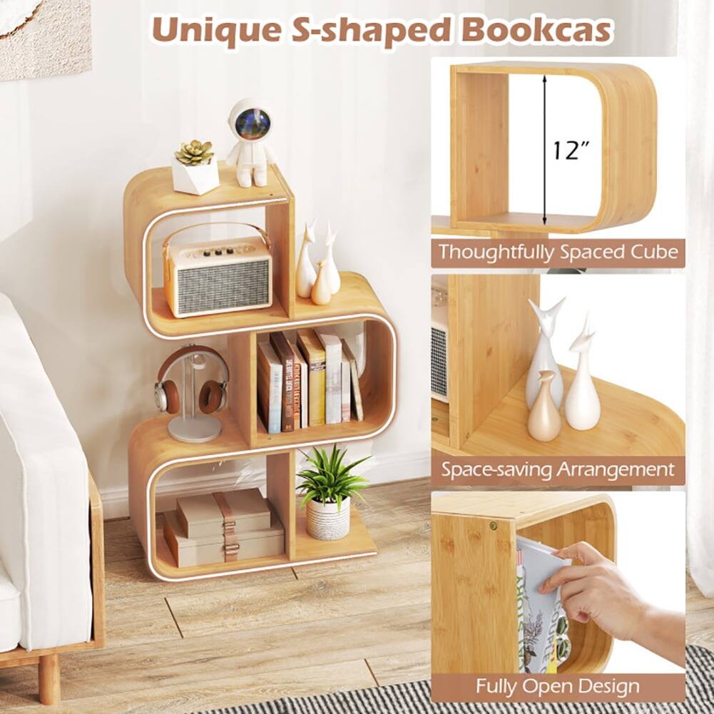 Unique S-shaped Bookcase  
12" Thoughtfully Spaced Cube  
Space-saving Arrangement  
Fully Open Design