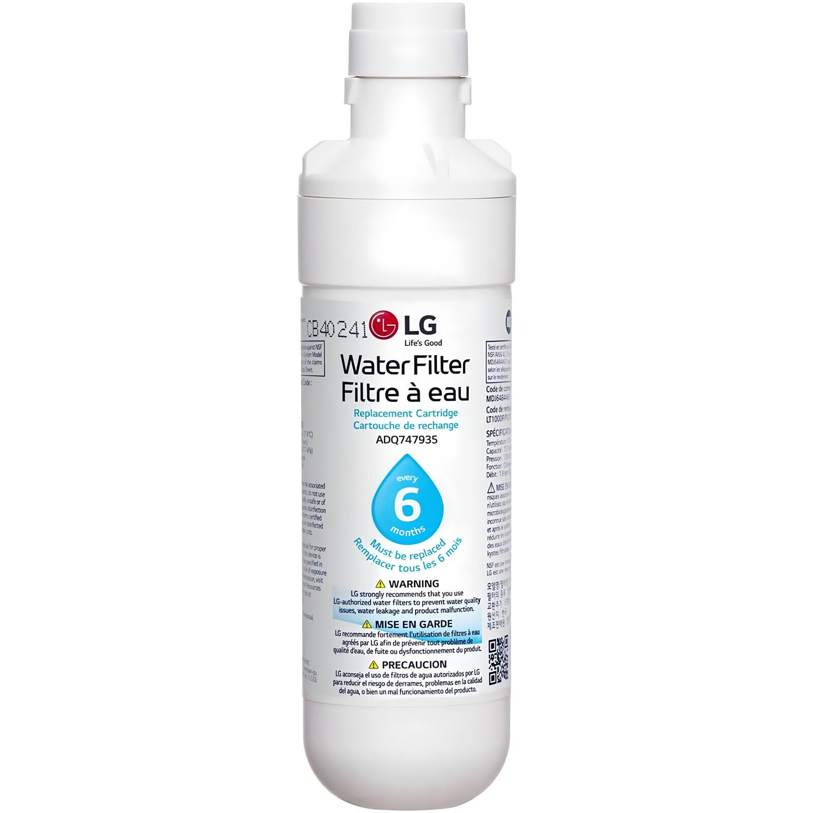 LG Life's Good  
Water Filter  
Filtre à eau  

Replacement Cartridge  
Cartouche de rechange  

ADQ747935  

Must be replaced every 6 months  
Remplacer tous les 6 mois  

WARNING  
LG strongly recommends that you use LG-authorized water filters to prevent water leakage and product malfunction.  
MISE EN GARDE  
LG recommande fortement l'utilisation de filtres autorisés par LG afin de prévenir les problèmes de fuite d'eau et de dysfonctionnement du produit.  
PRECAUCIÓN  
LG aconseja el uso de filtros autorizados por LG para prevenir problemas de fuga de agua y mal funcionamiento del producto.  

0B40241  
SPEC ADQ747935  
MD868-11
