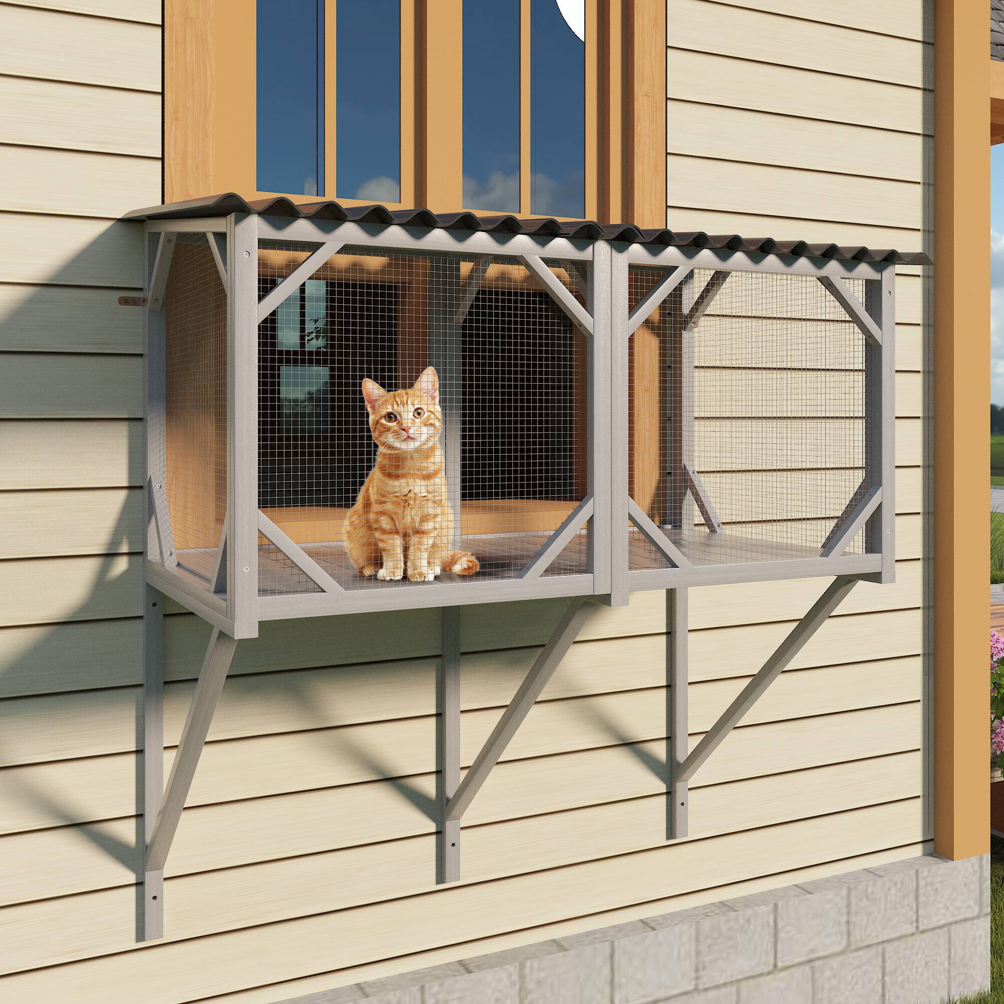 Front. Glintex - Cat Window Box, Outdoor Cat Enclosure with Bug Proof Net for Sunbathing,  Window Perch for Large Indoor Cats.