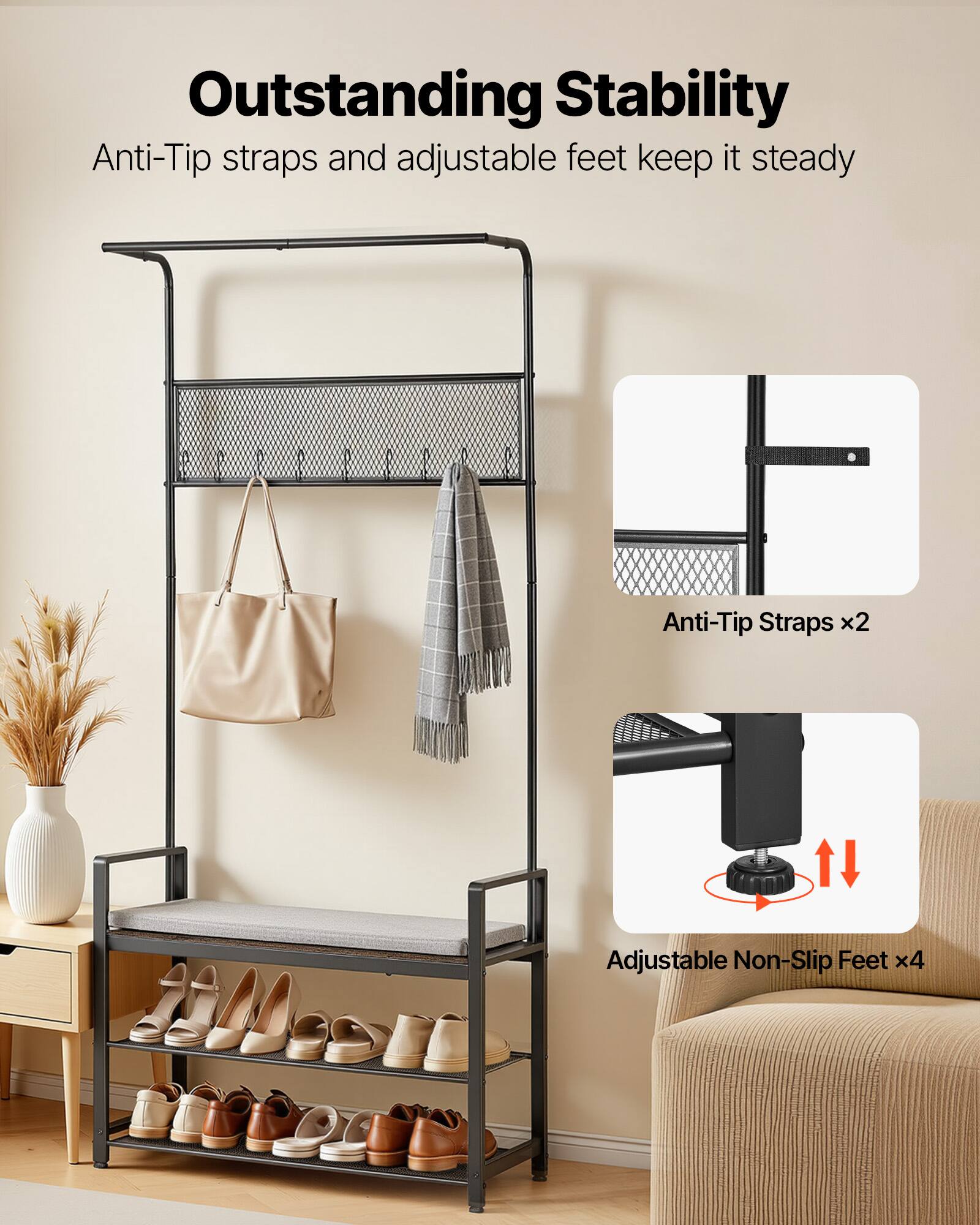 Outstanding Stability  
Anti-Tip straps and adjustable feet keep it steady  

Anti-Tip Straps x2  
Adjustable Non-Slip Feet x4