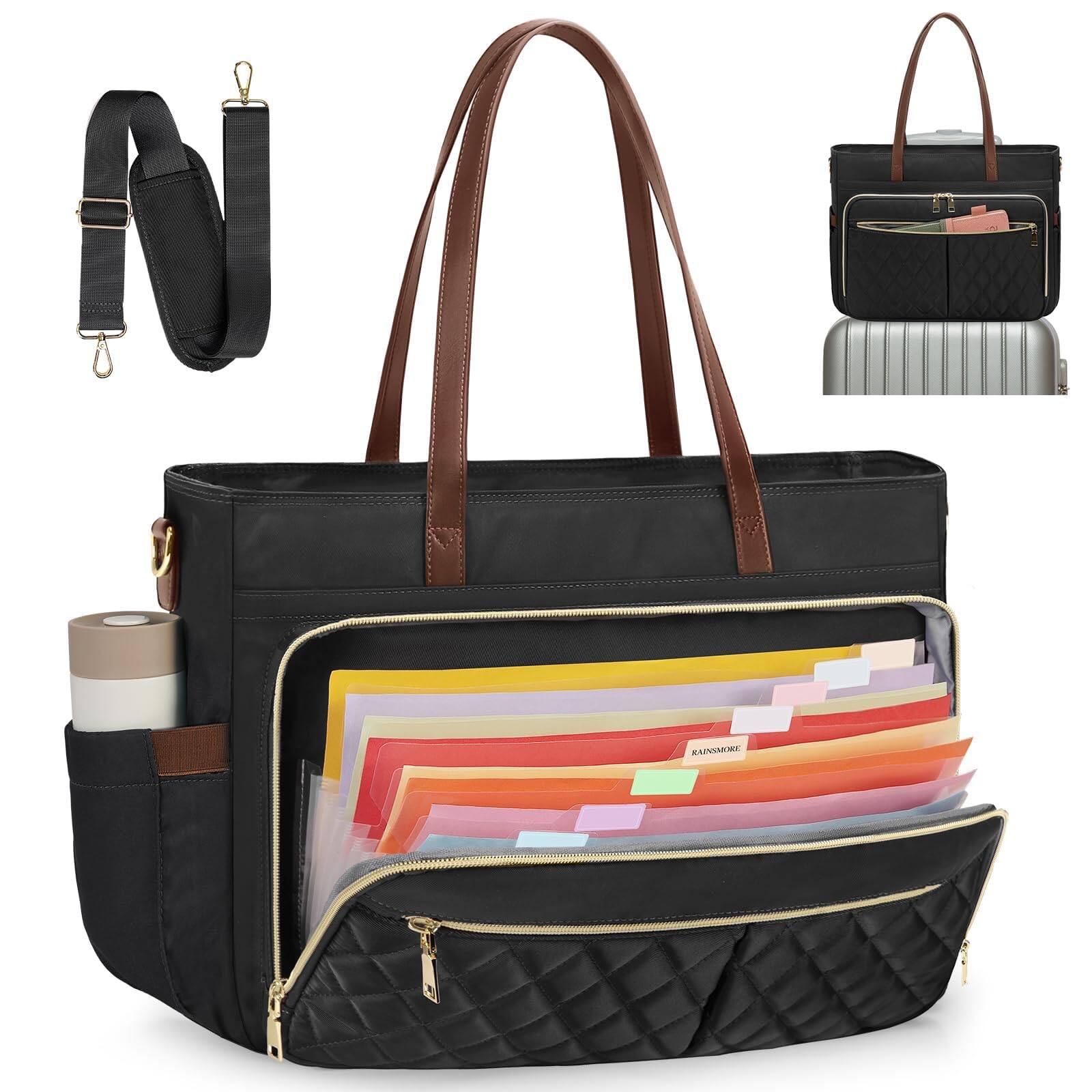 Front. DORLUKFU - Teacher Tote Bag 15.6 Inch Laptop Bag for Women Work Bag with Large Cup Holder Nurse Bag Computer Tote Handbag - Black and Brown.