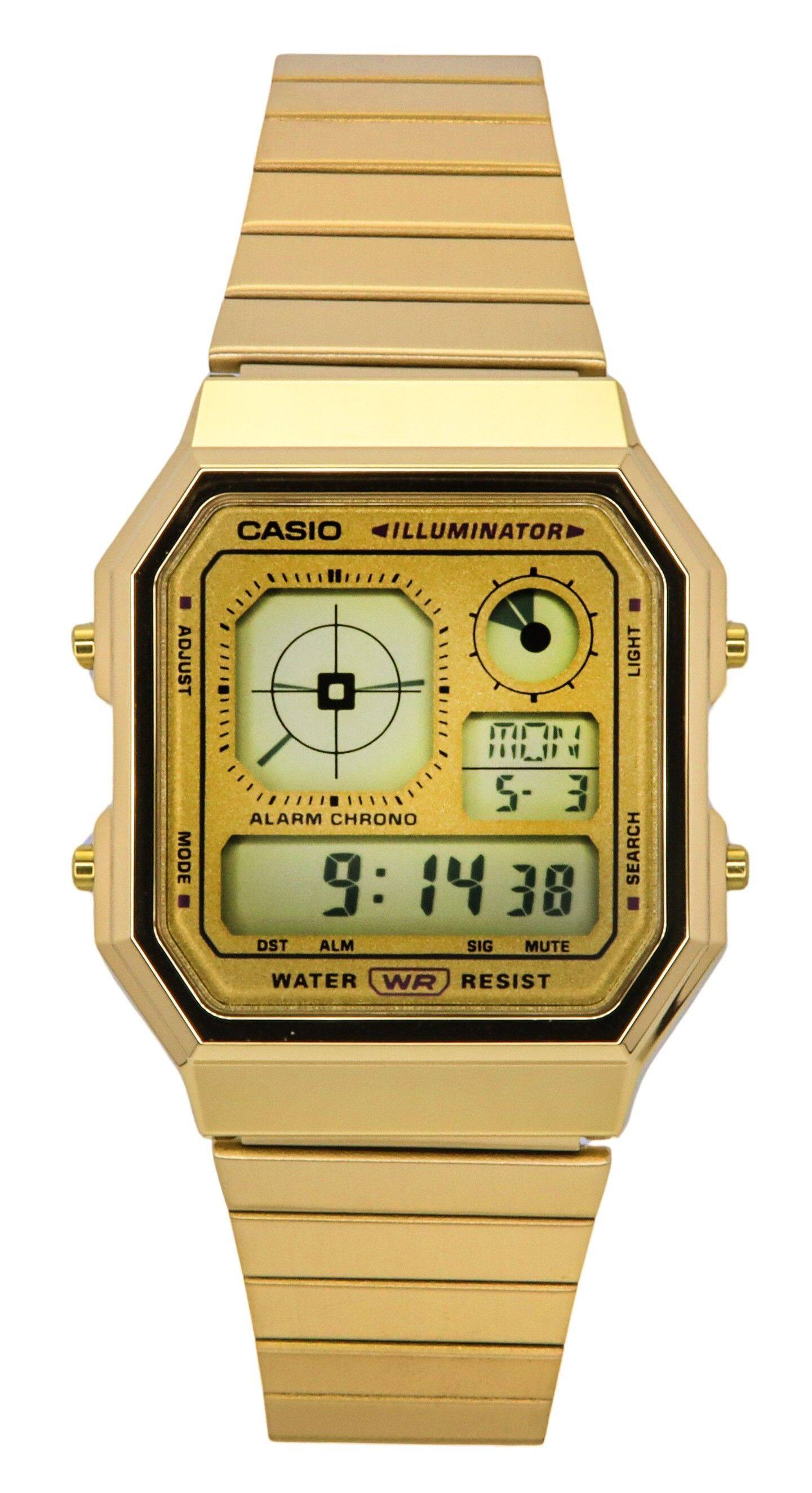 CASIO ILLUMINATOR ADJUST MODE "LIGHT MON 5-3 ALARM CHRONO SEARCH 9:1438 9:14 38. DST ALM SIG MUTE WATER WR RESIST