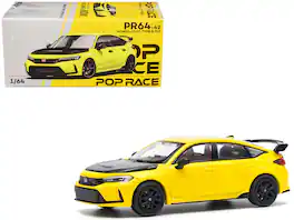 Honda Civic Type R FL5 Hood 1/64 Diecast Model Car by Pop Race - Yellow with Carbon